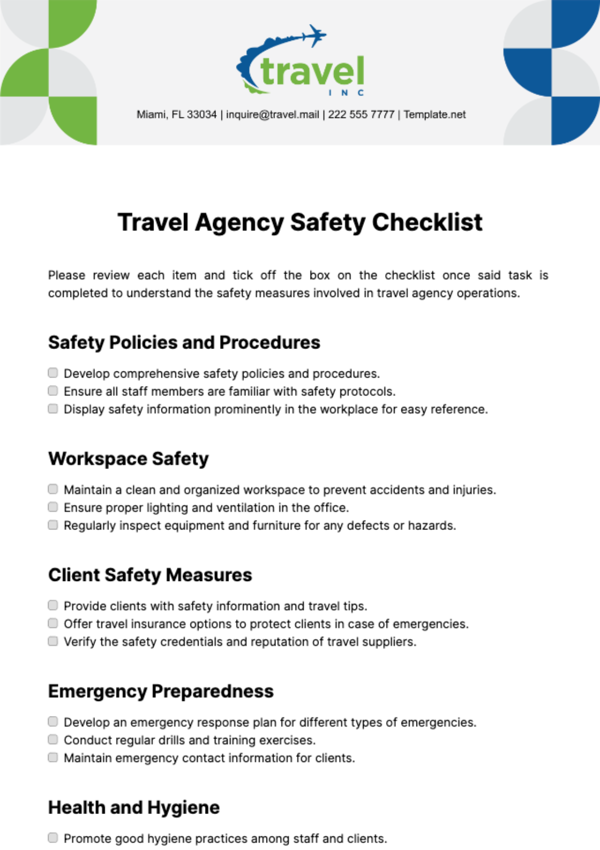 Travel Agency Safety Checklist Template - Edit Online & Download