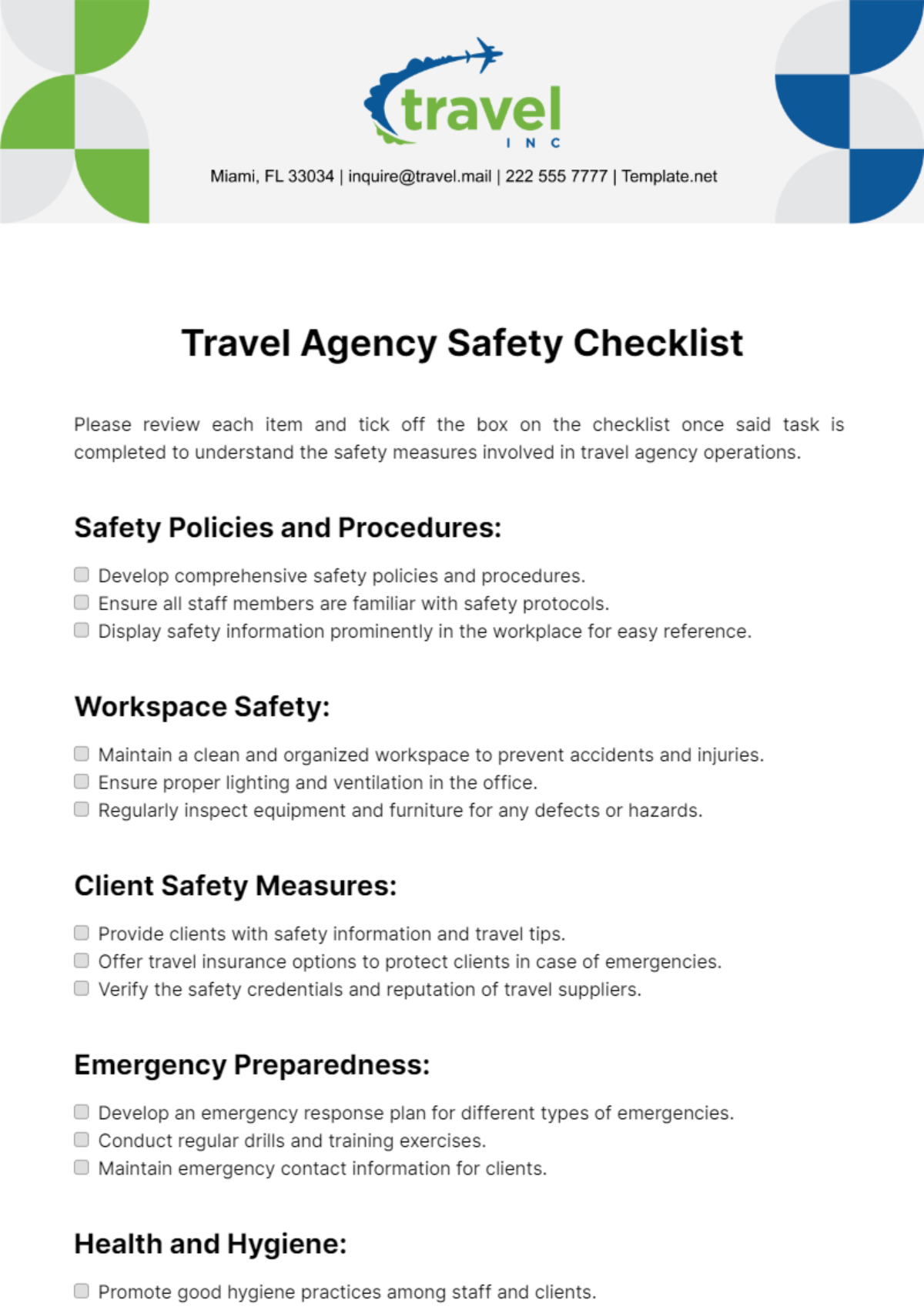 Travel Agency Safety Checklist Template