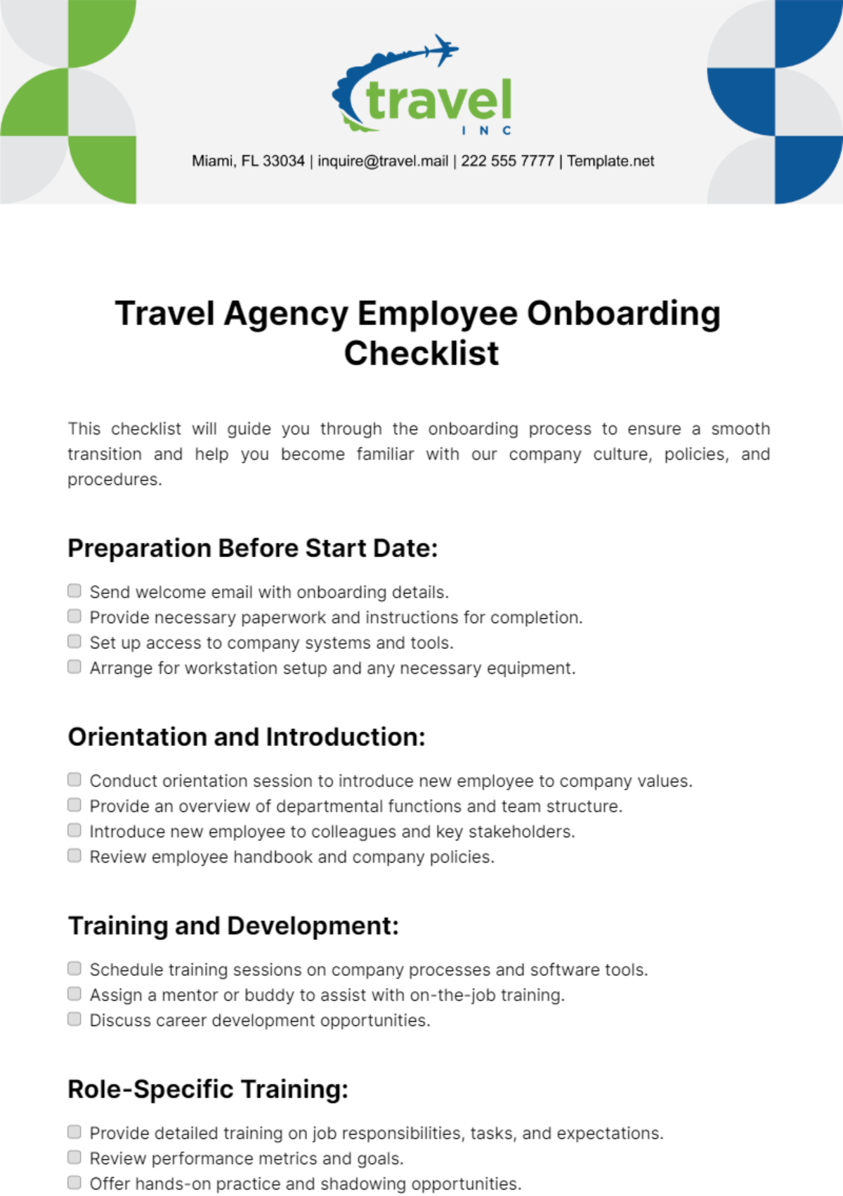 Travel Agency Employee Onboarding Checklist Template