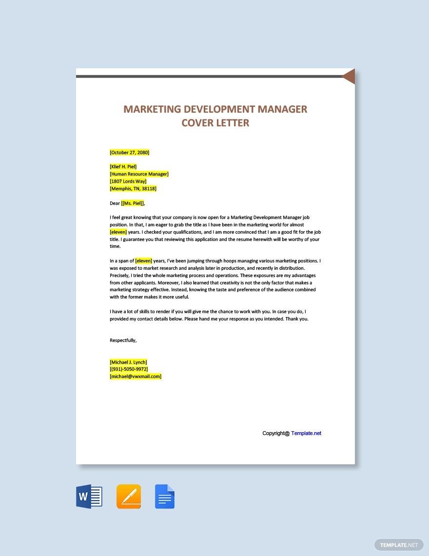 Marketing Development Manager Cover Letter Template