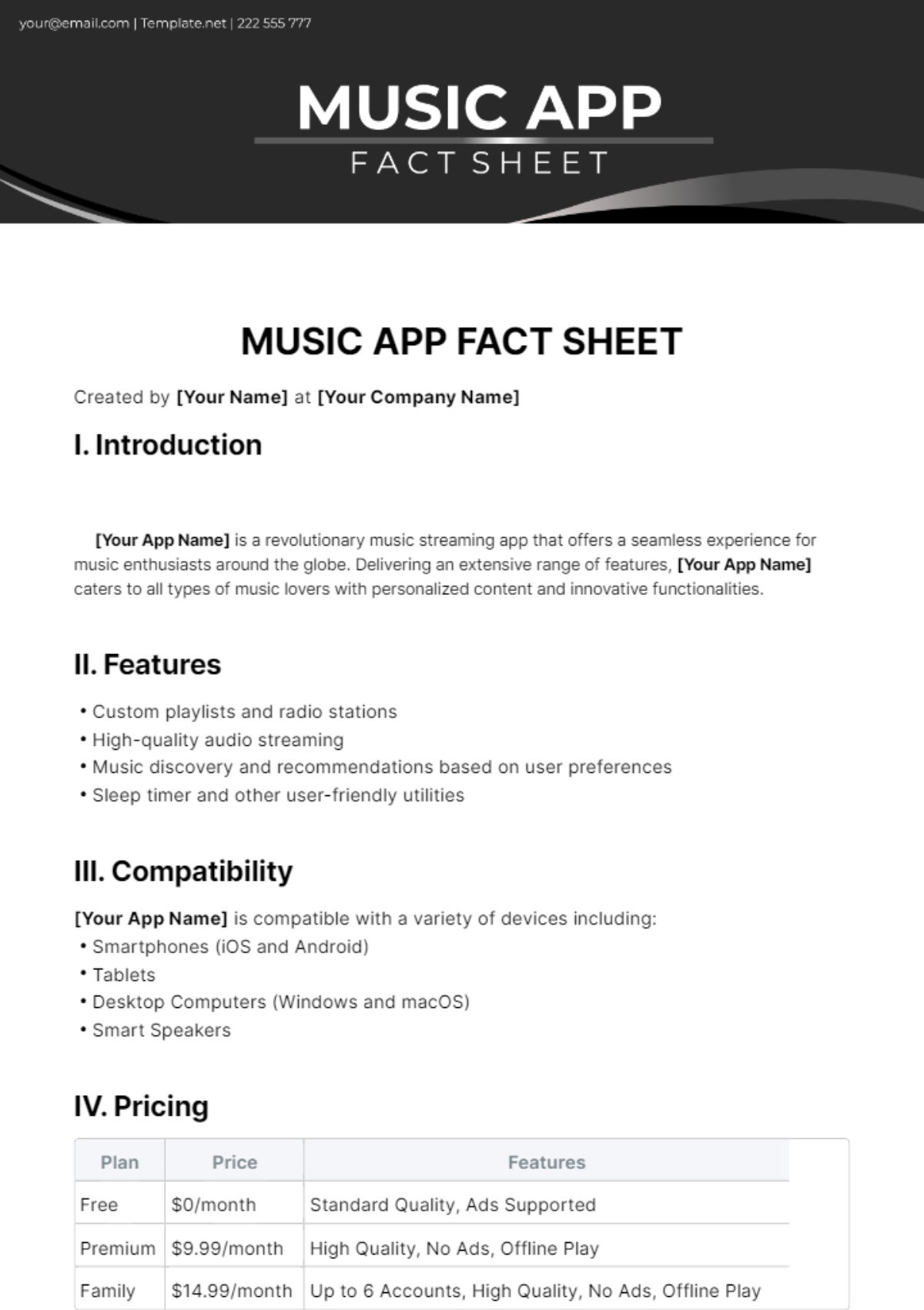 Music App Fact Sheet Template