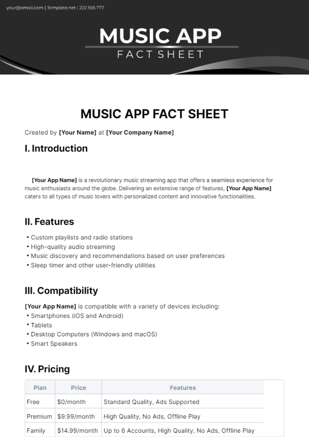 Music App Fact Sheet Template - Edit Online & Download