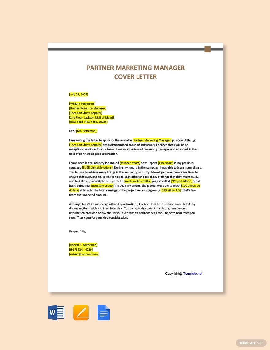 Partner Marketing Manager Cover Letter Template