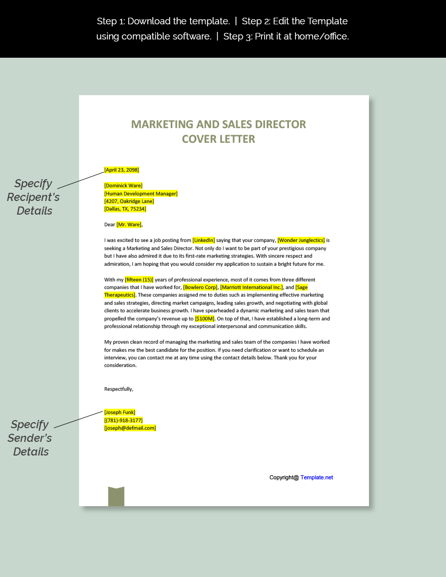 Marketing and Sales Director Cover Letter Template