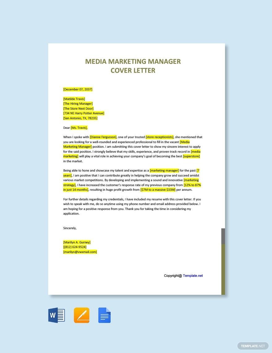 Free Media Marketing Manager Cover Letter Template
