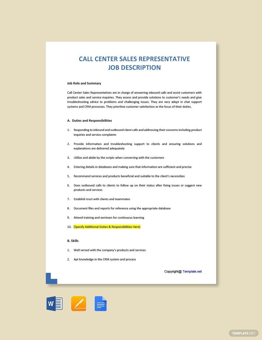 Call Center Sales Representative Job Description Template