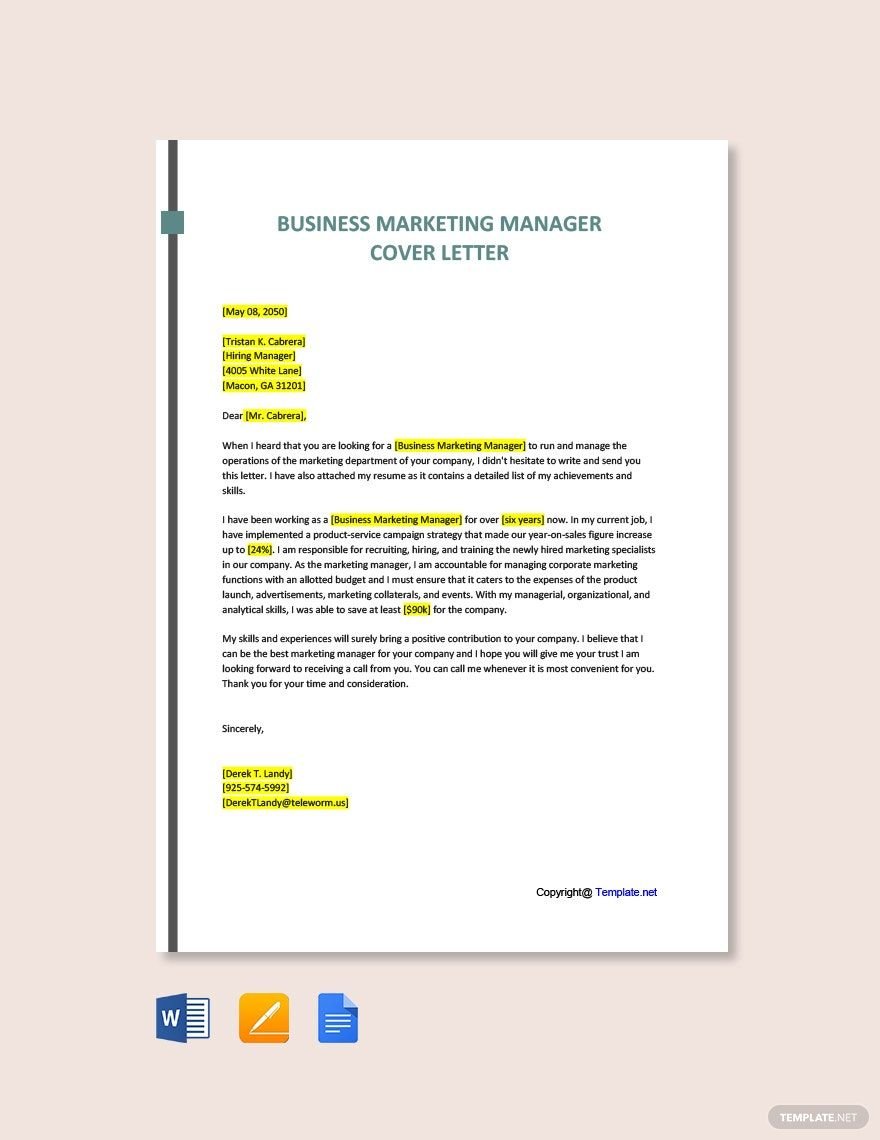 Business Marketing Manager Cover Letter Template