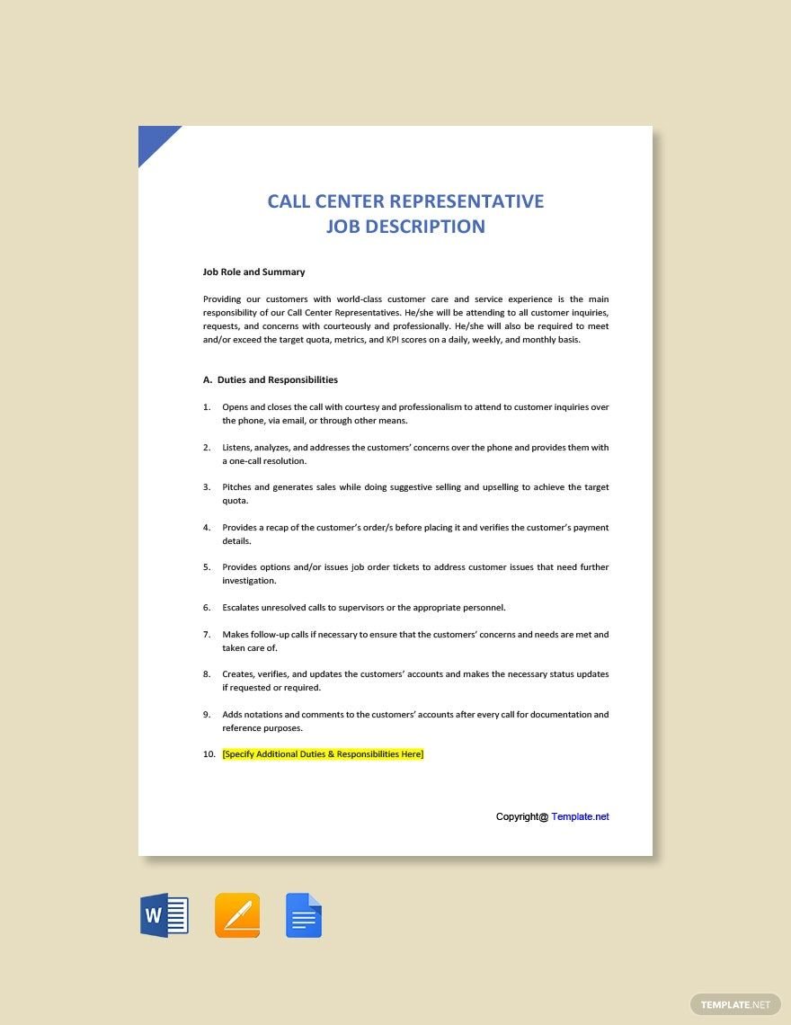 Free Call Center Representative Job Description Template