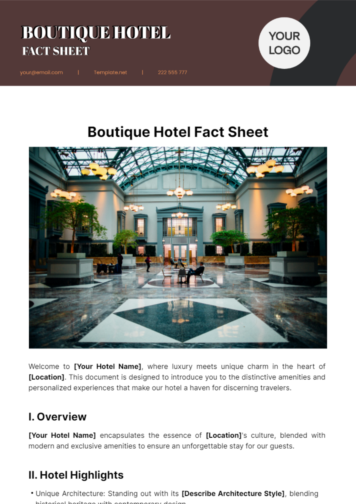 Boutique Hotel Fact Sheet Template