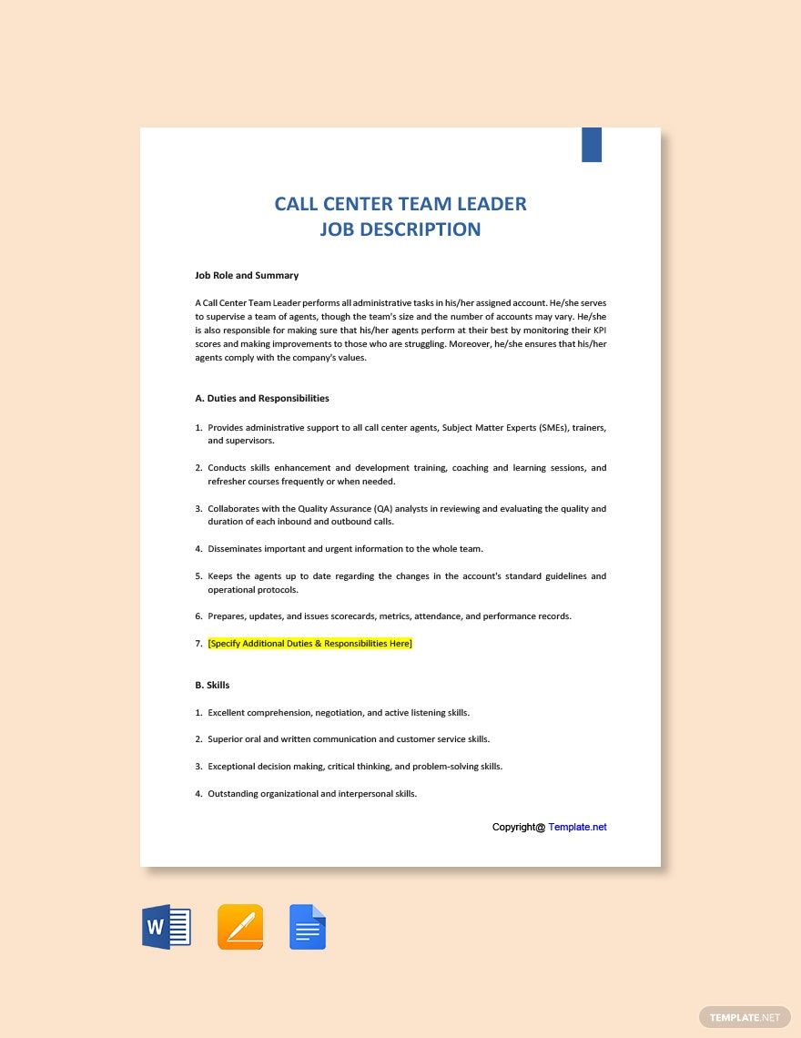 Call Center Team Leader Job Description Template