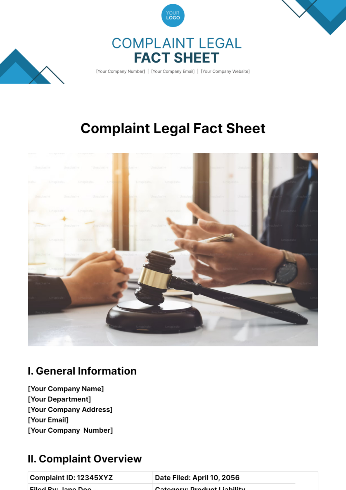 Complaint Legal Fact Sheet Template