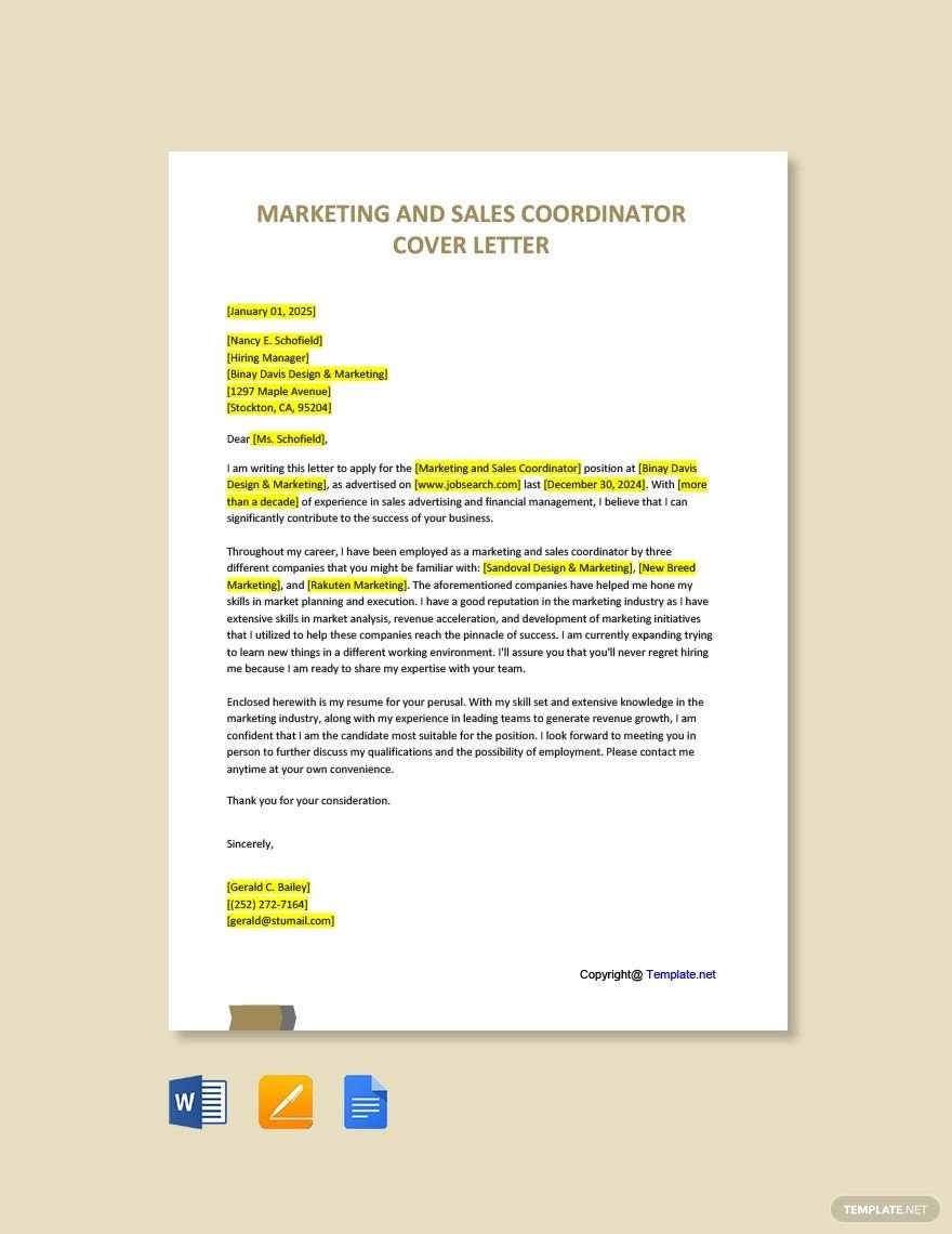 Marketing and Sales Coordinator Cover Letter Template