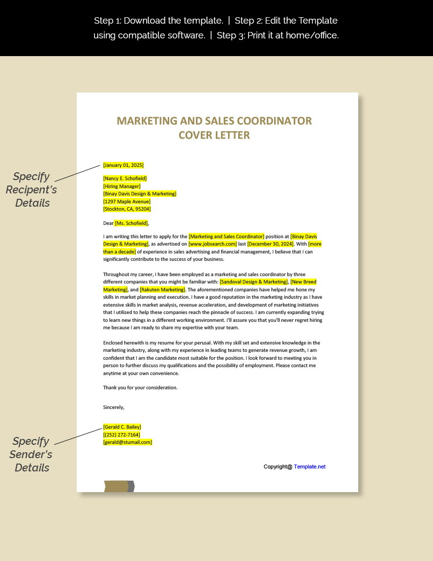 Marketing and Sales Coordinator Cover Letter