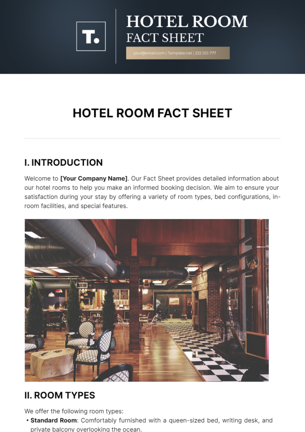 Hotel Room Fact Sheet Template