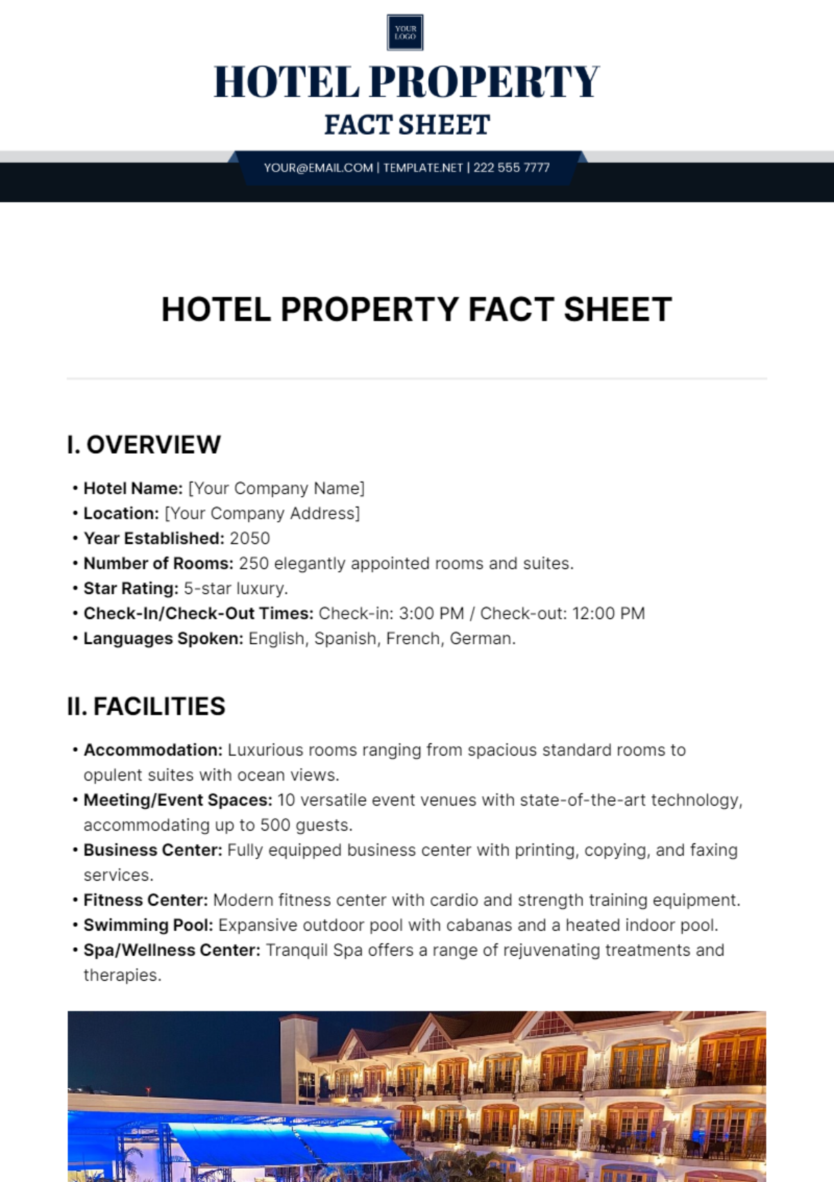 Hotel Property Fact Sheet Template
