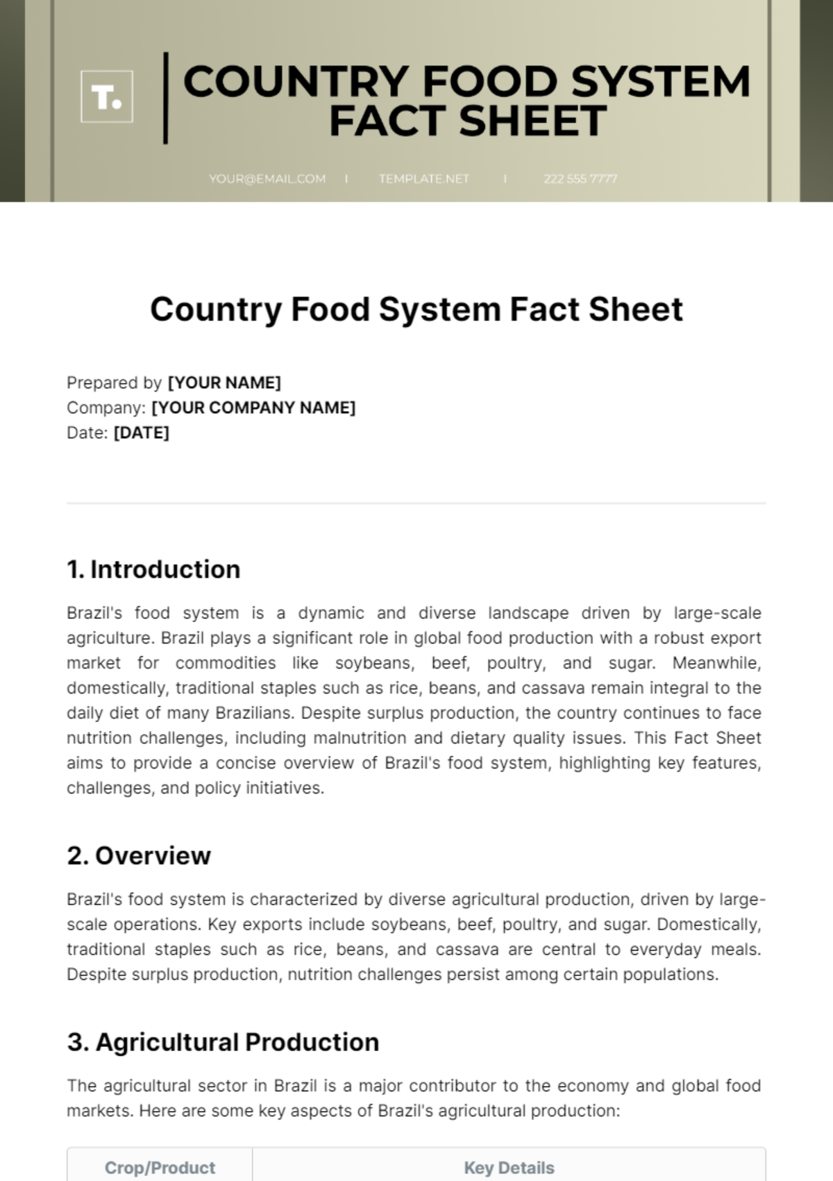 Free Country Food System Fact Sheet Template
