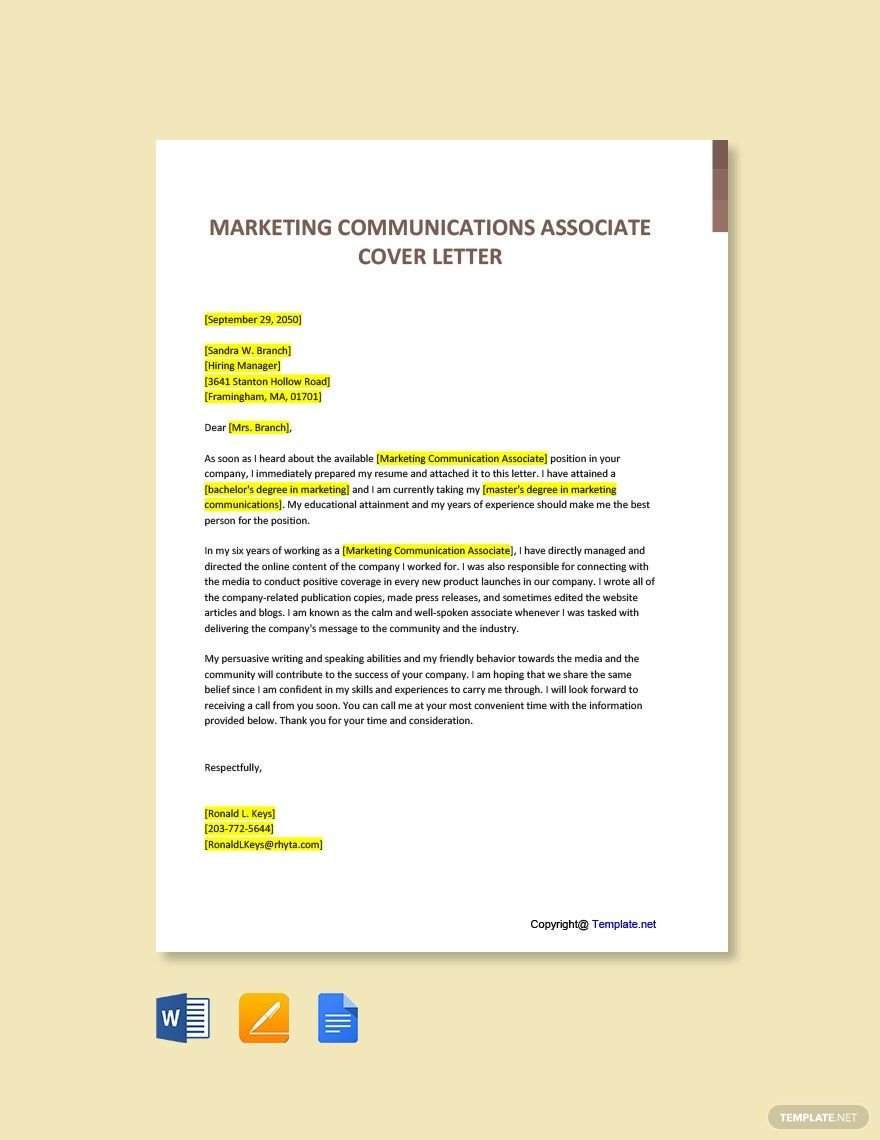 Free Marketing Communications Associate Cover Letter Template
