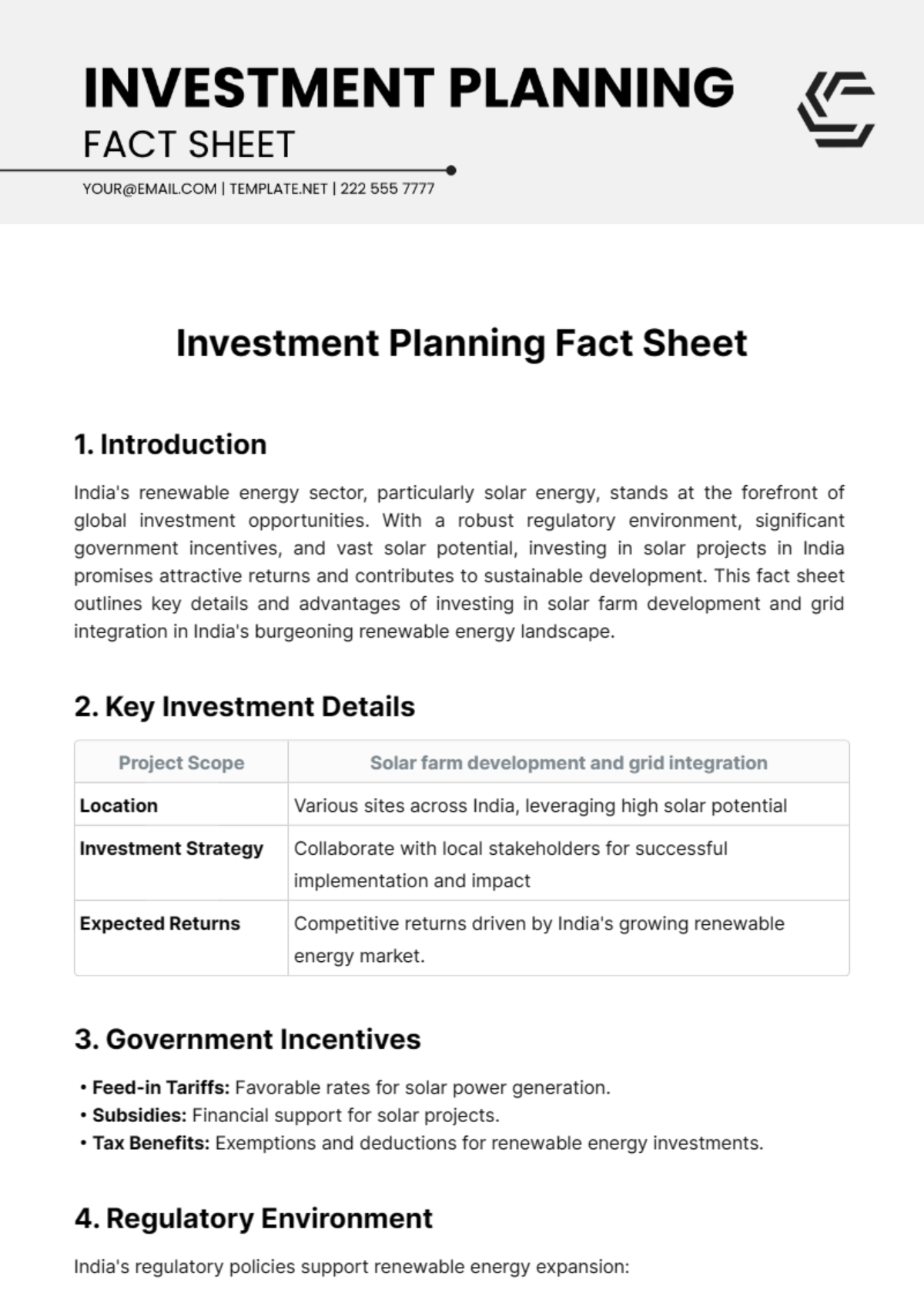 Free Investment Planning Fact Sheet Template