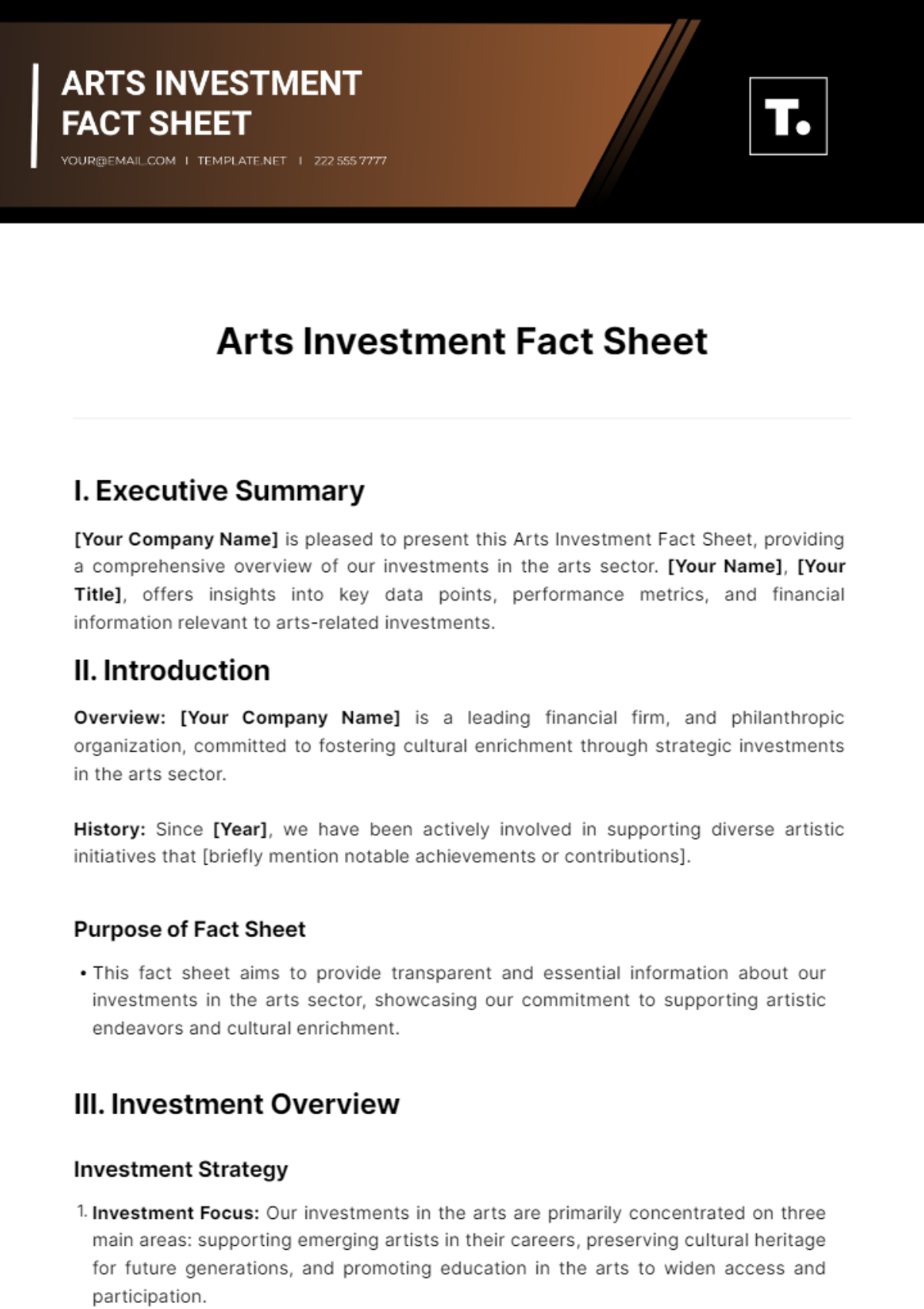 Free Arts Investment Fact Sheet Template