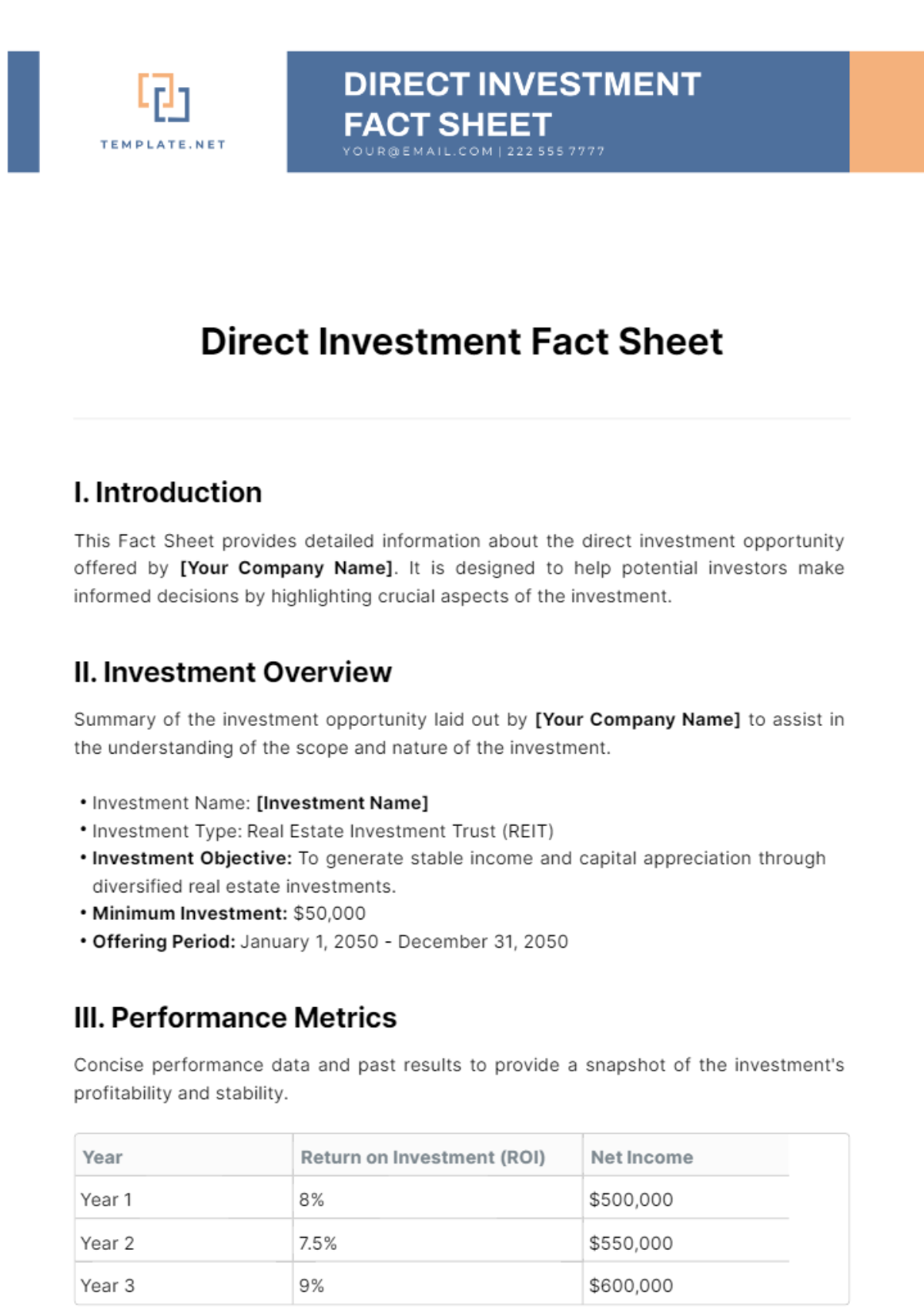 Direct Investment Fact Sheet Template