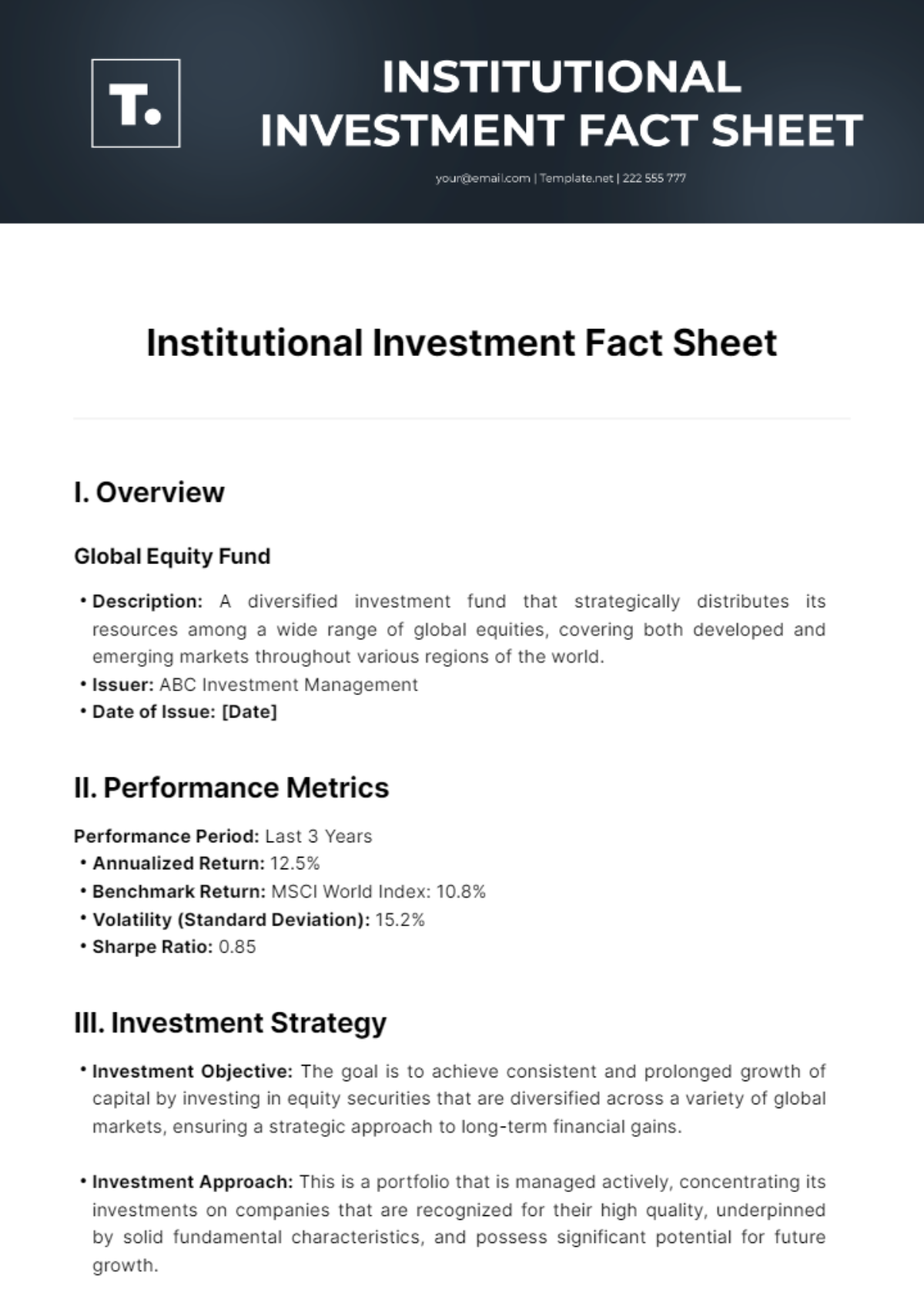 Institutional Investment Fact Sheet Template