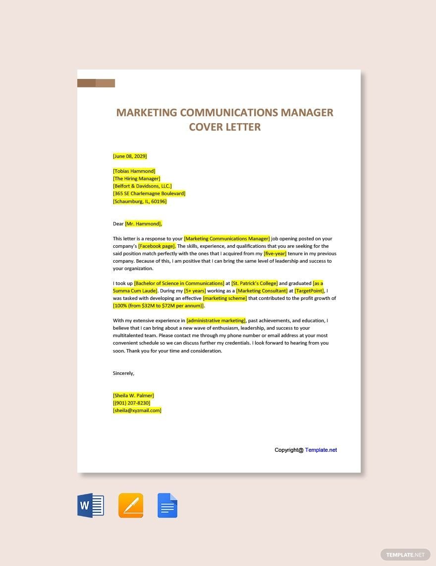 Marketing Communications Manager Cover Letter Template