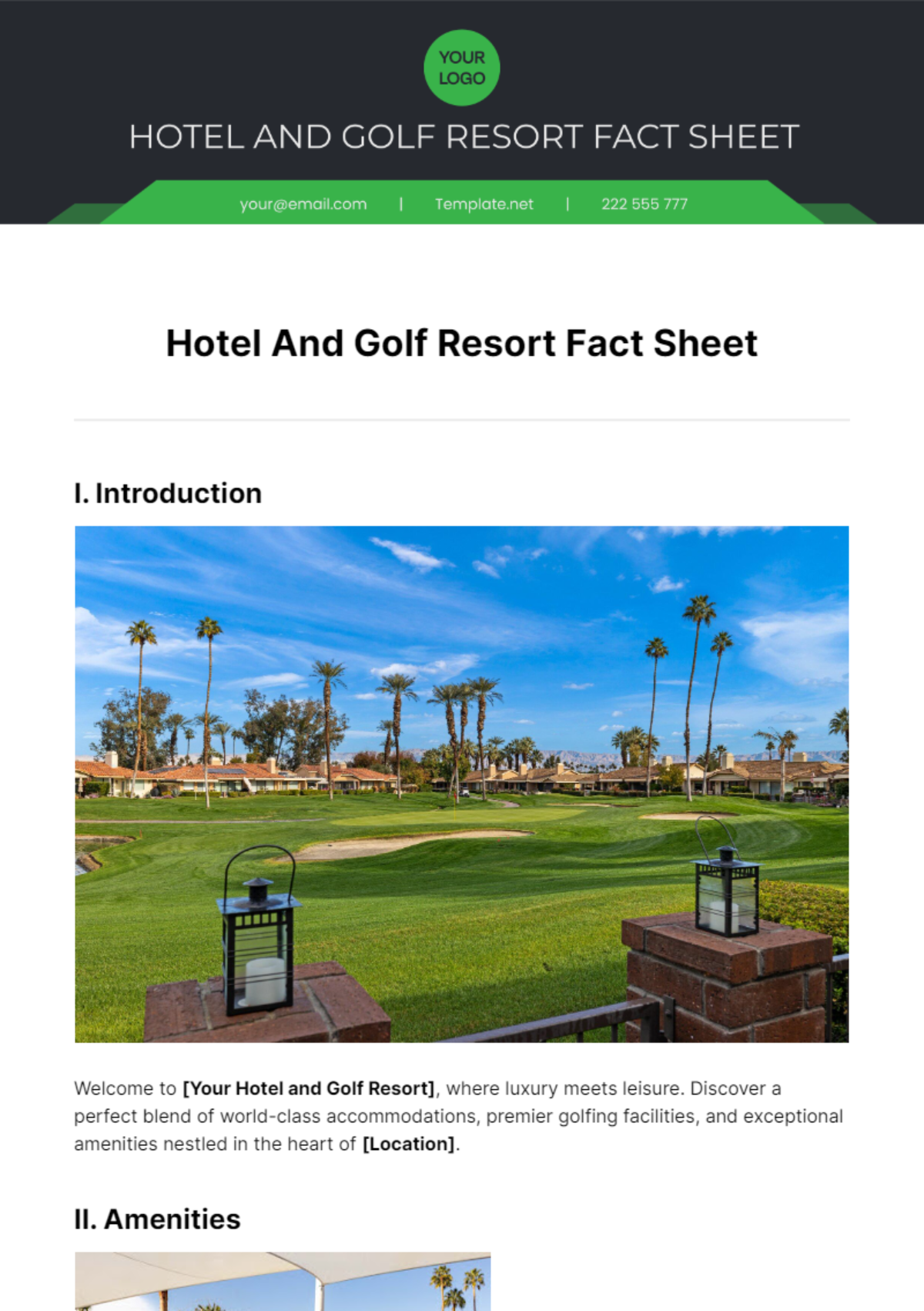 Hotel And Golf Resort Fact Sheet Template