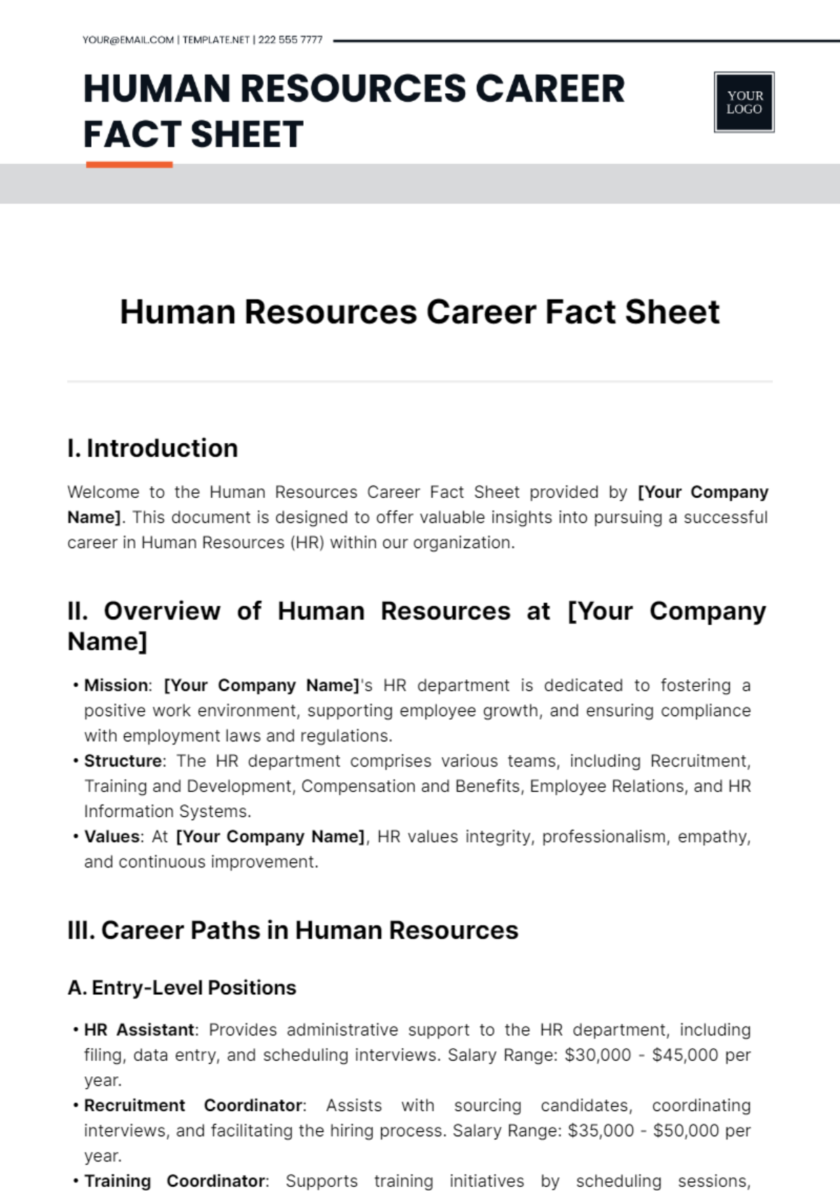 Free Human Resources Career Fact Sheet Template