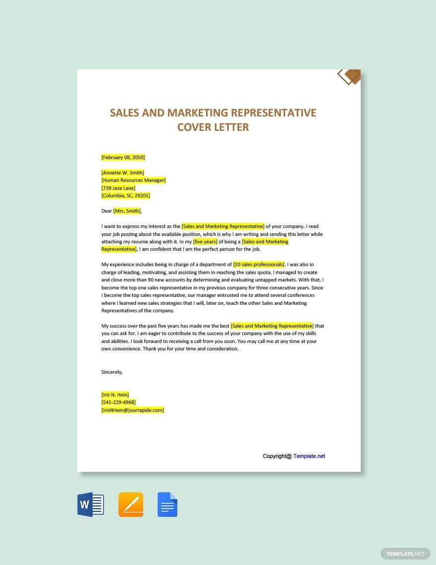 Sales And Marketing Representative Cover Letter in Word, Google Docs, PDF, Apple Pages