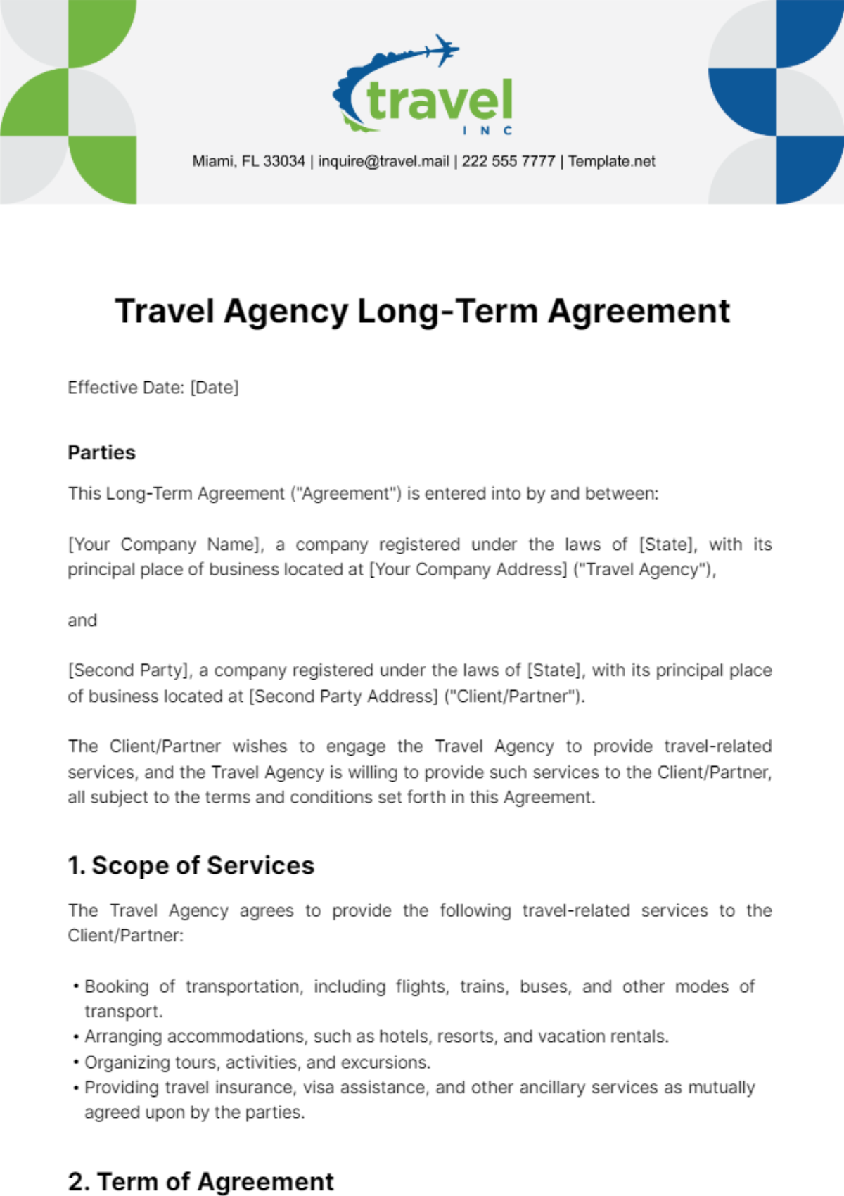 Free Travel Agency Long-Term Agreement Template