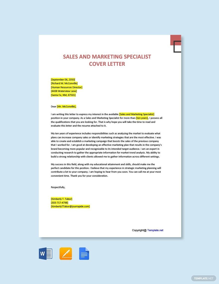 Sales And Marketing Specialist Cover Letter Template