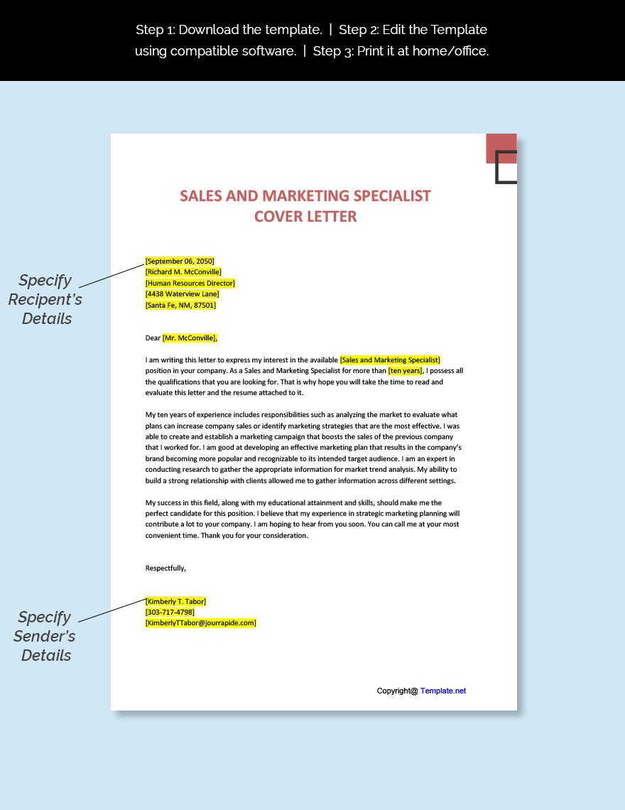 Sales And Marketing Specialist Cover Letter