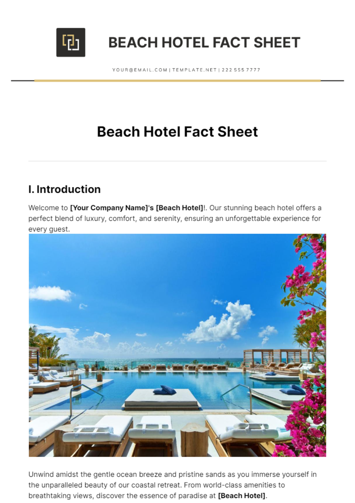 Free Beach Hotel Fact Sheet Template