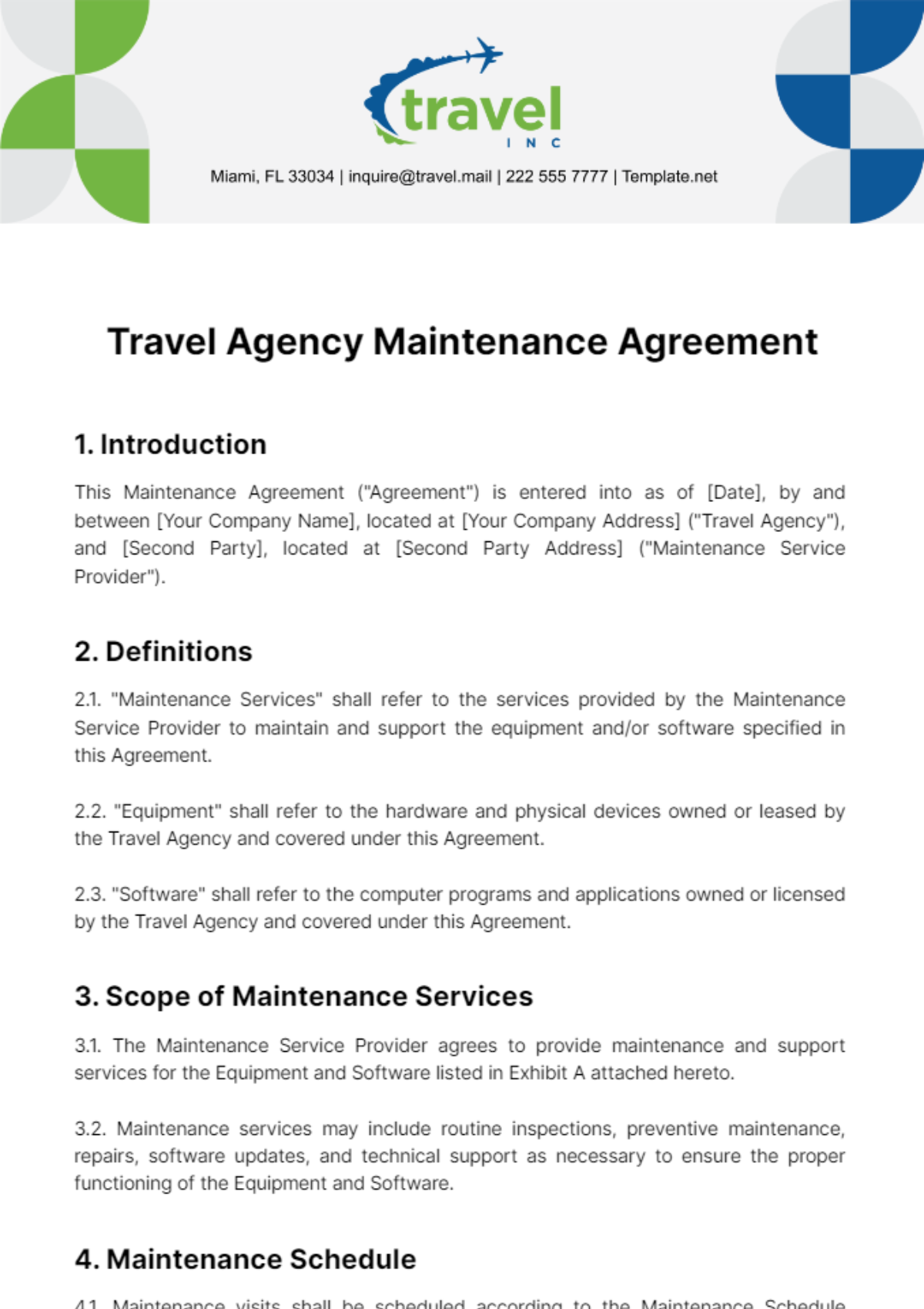 Free Travel Agency Maintenance Agreement Template