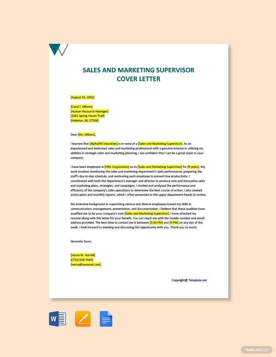 Free Sales And Marketing Supervisor Cover Letter Template