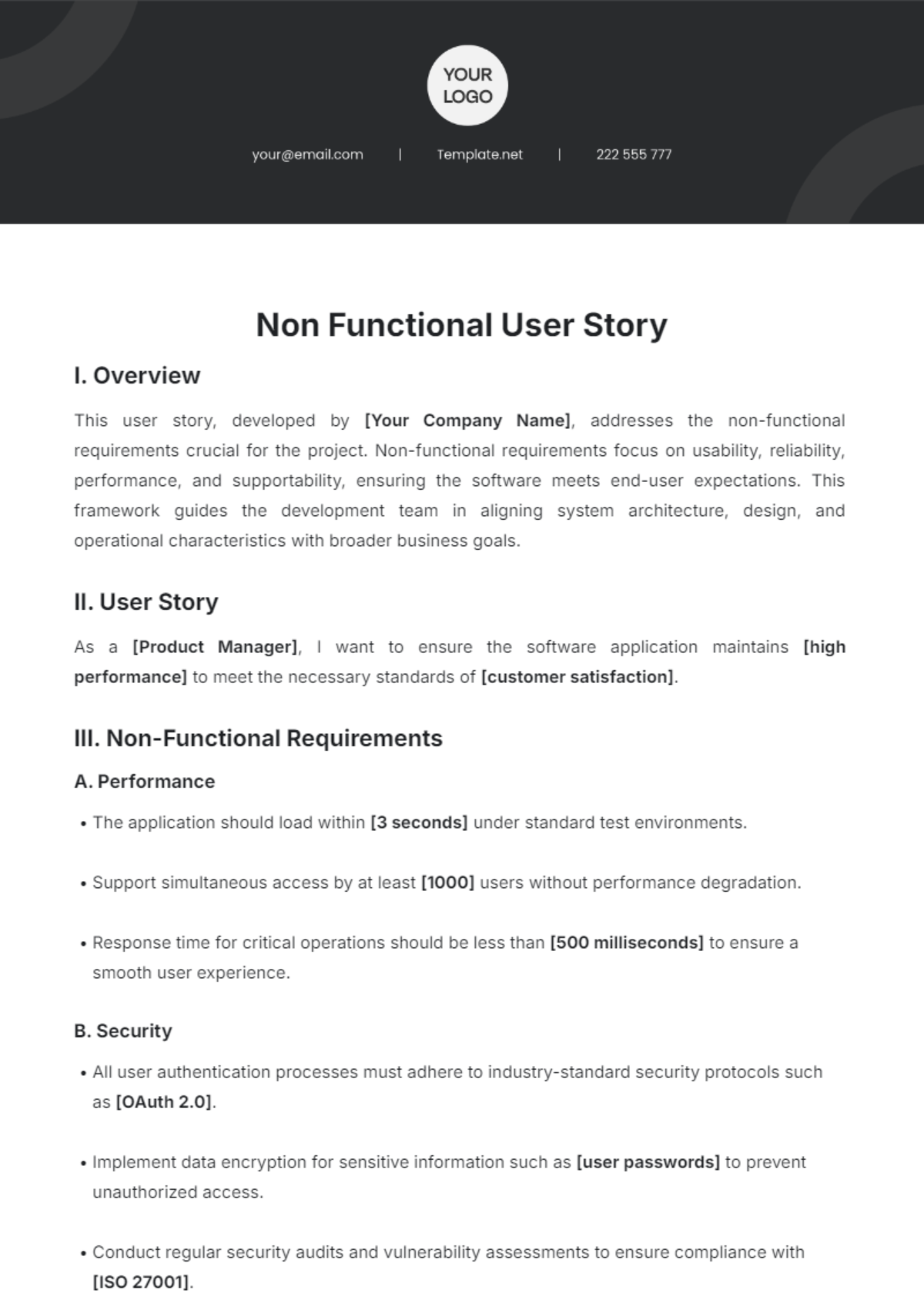 Non Functional User Story Template - Edit Online & Download