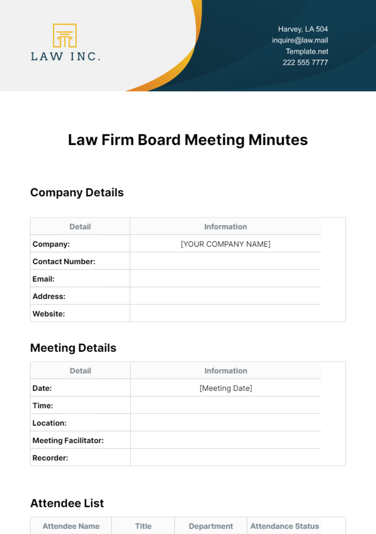 Law Firm Board Meeting Minutes Template
