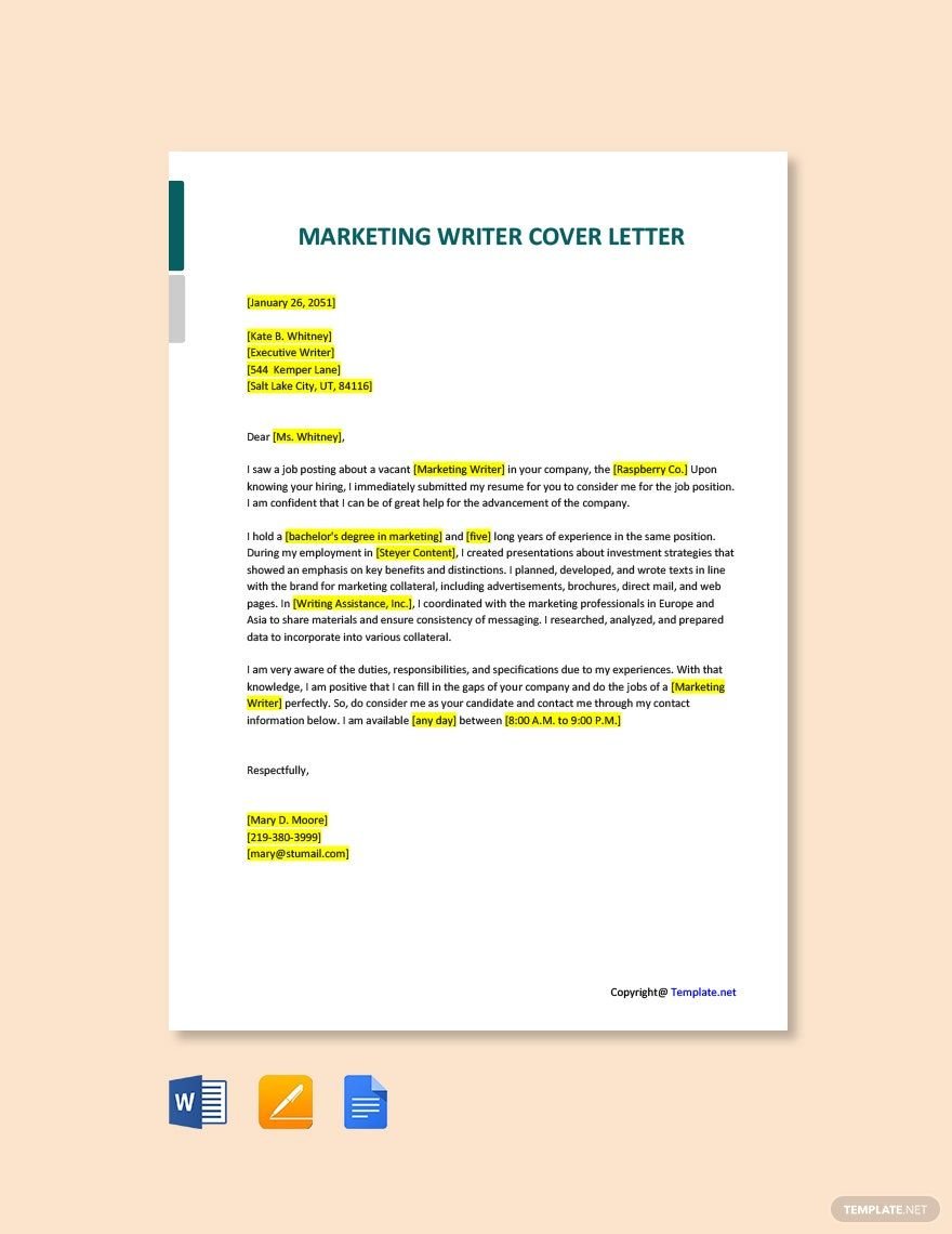 Free Marketing Writer Cover Letter Template
