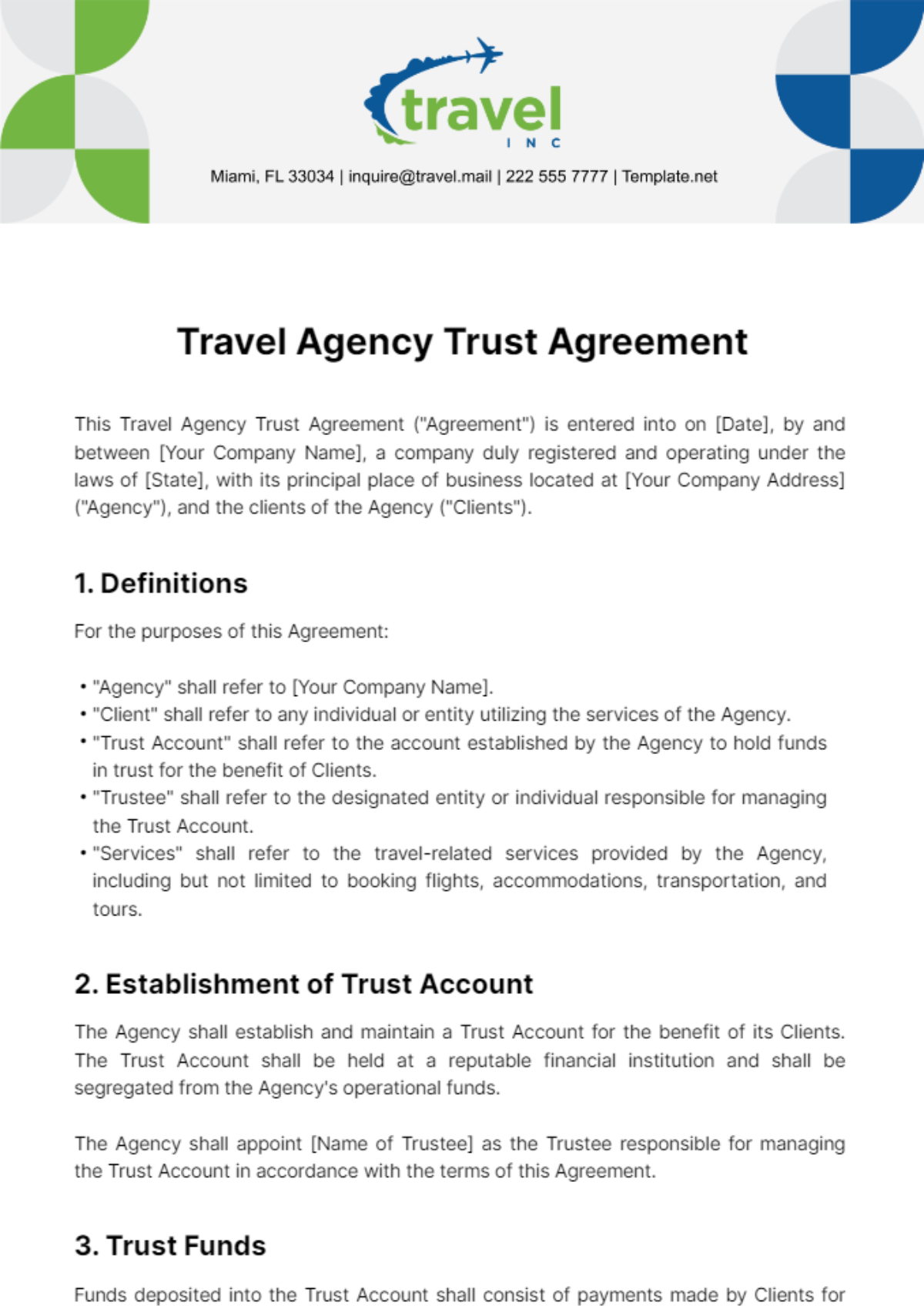 Travel Agency Trust Agreement Template
