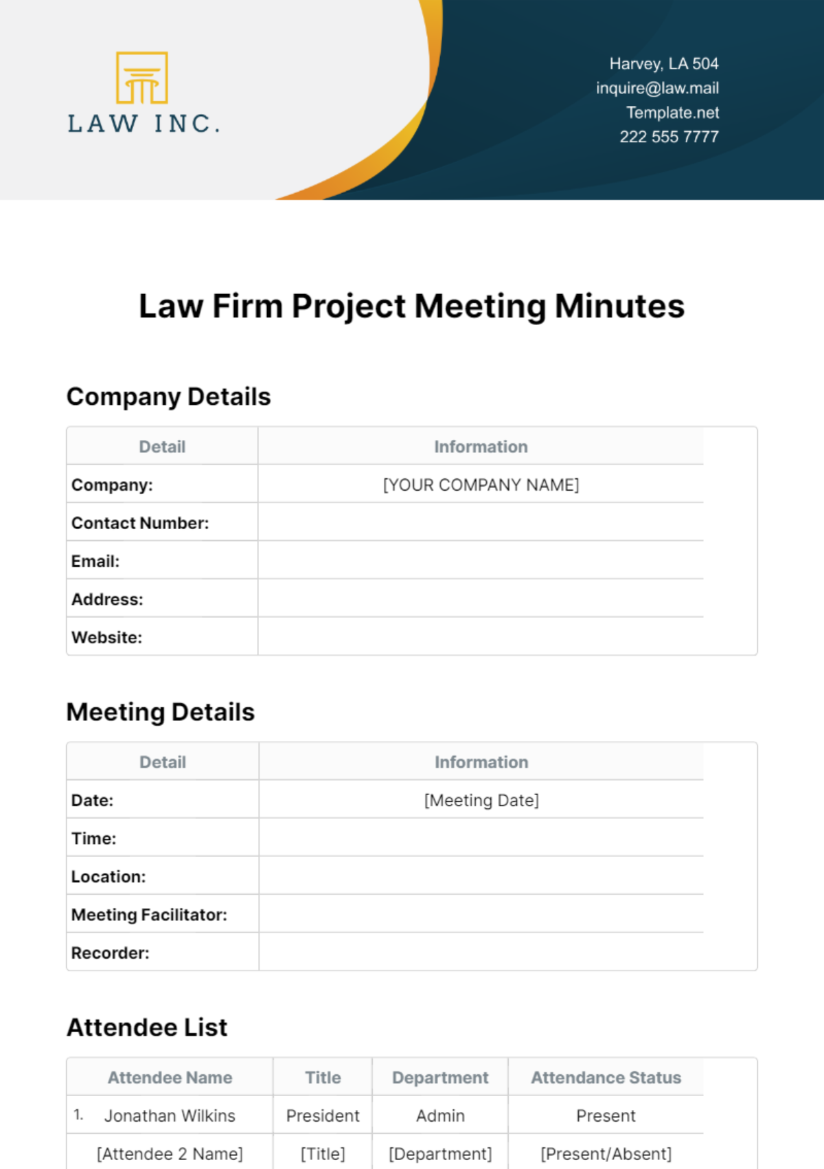 Free Law Firm Project Meeting Minutes Template