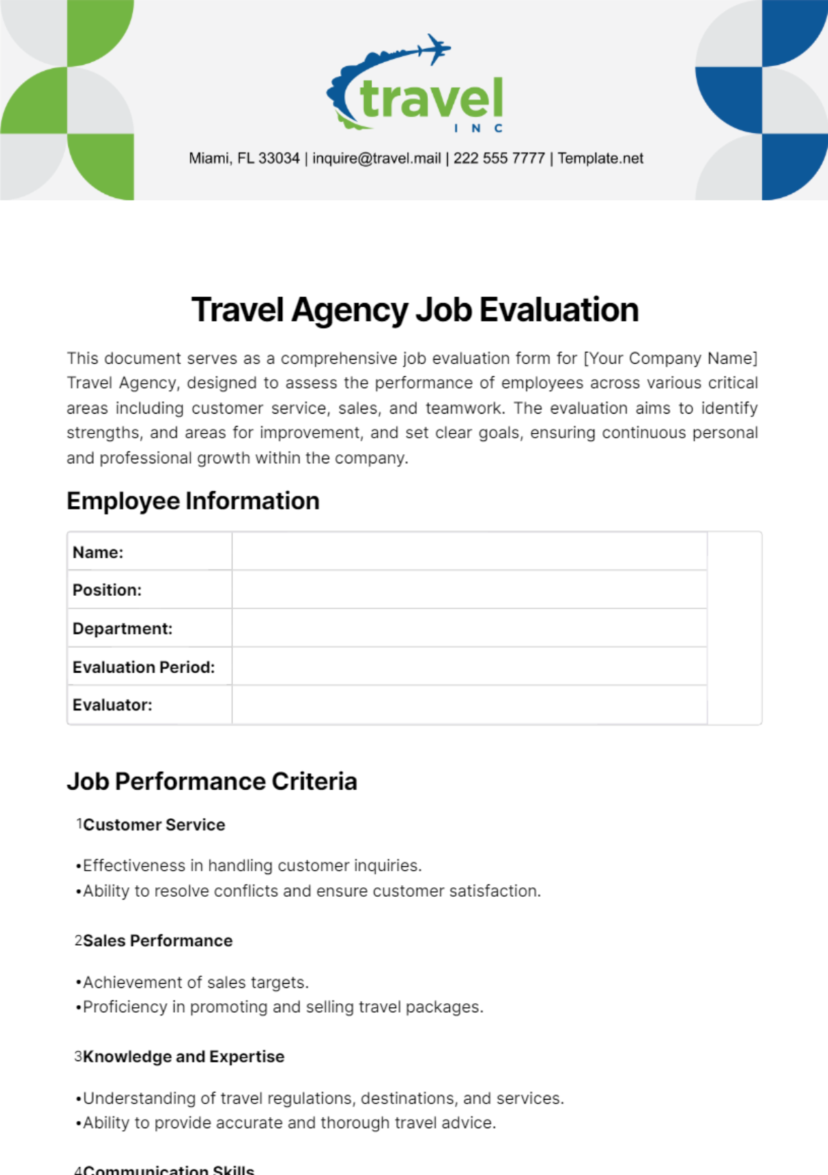 Travel Agency Job Evaluation Template