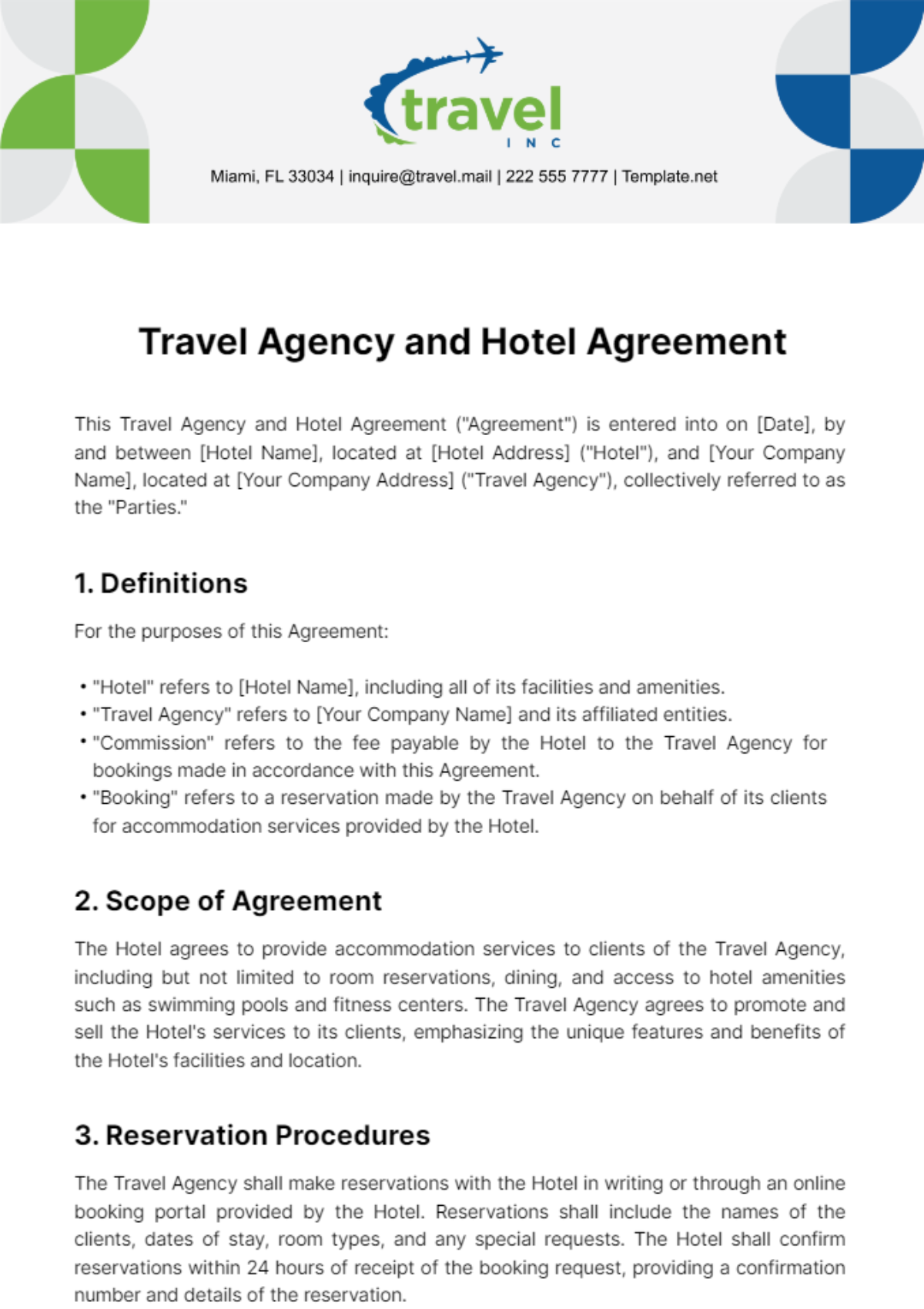 Travel Agency and Hotel Agreement Template