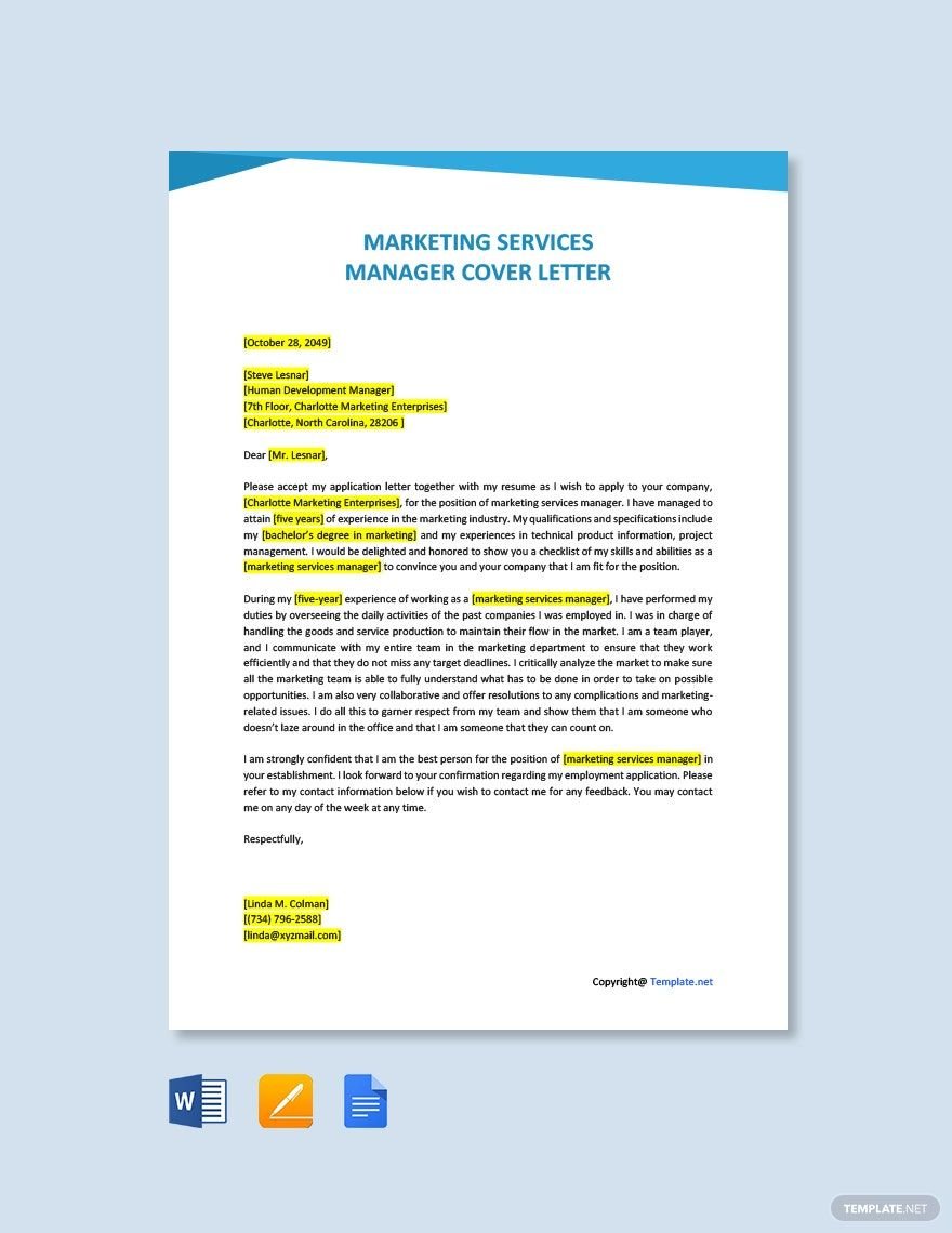 Free Marketing Services Manager Cover Letter Template