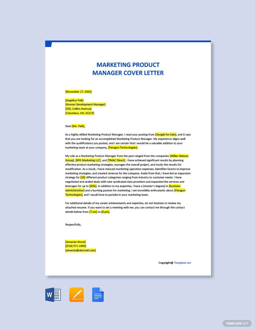 Free Marketing Product Manager Cover Letter Template