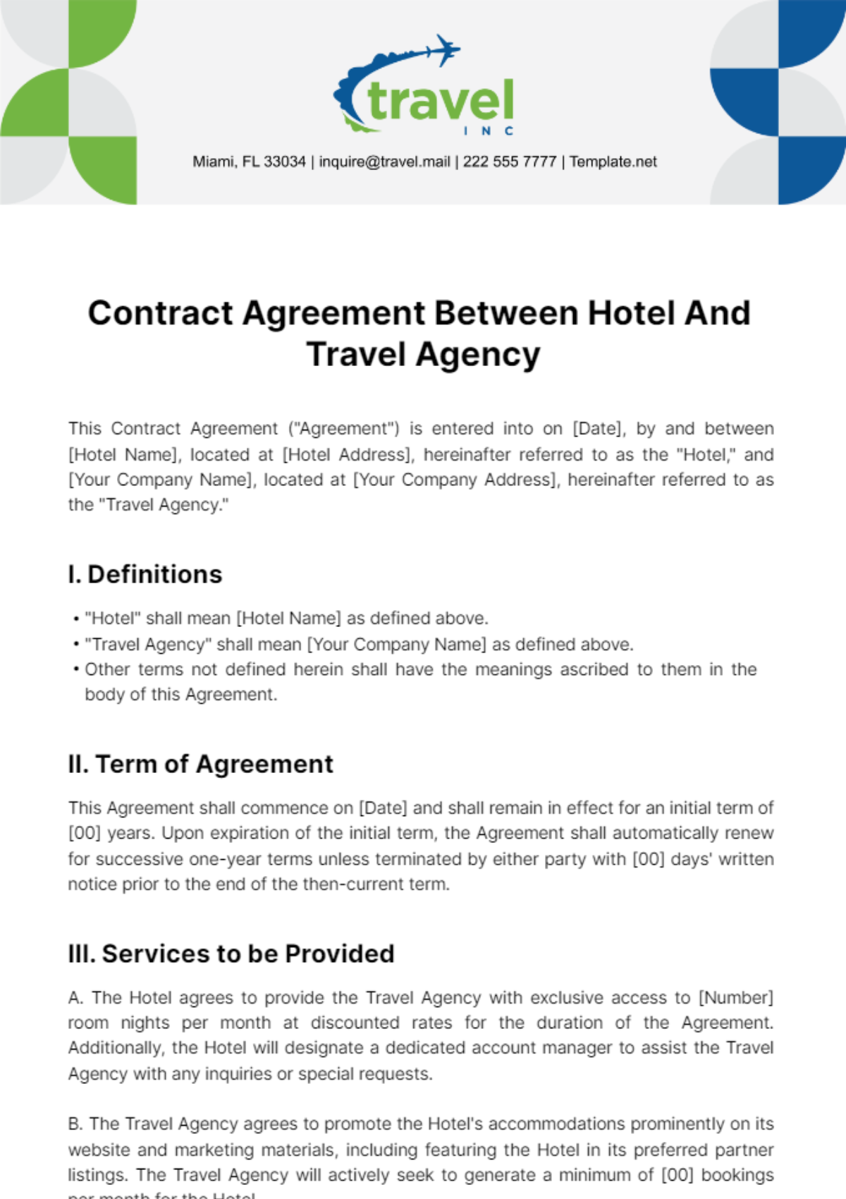 Contract Agreement Between Hotel And Travel Agency Template
