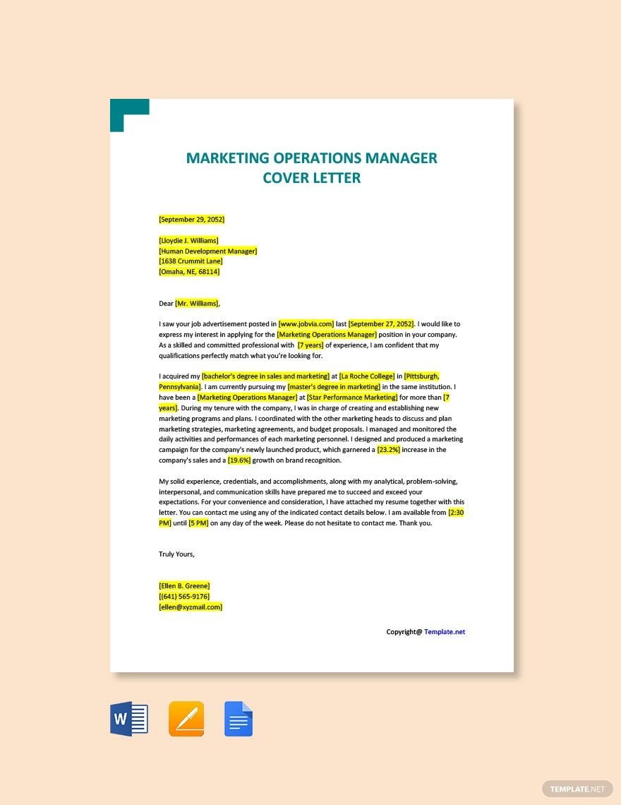 Marketing Operations Manager Cover Letter