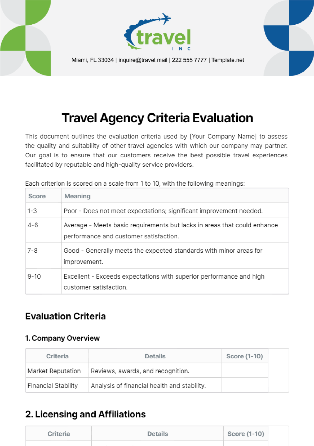 Travel Agency Criteria Evaluation Template