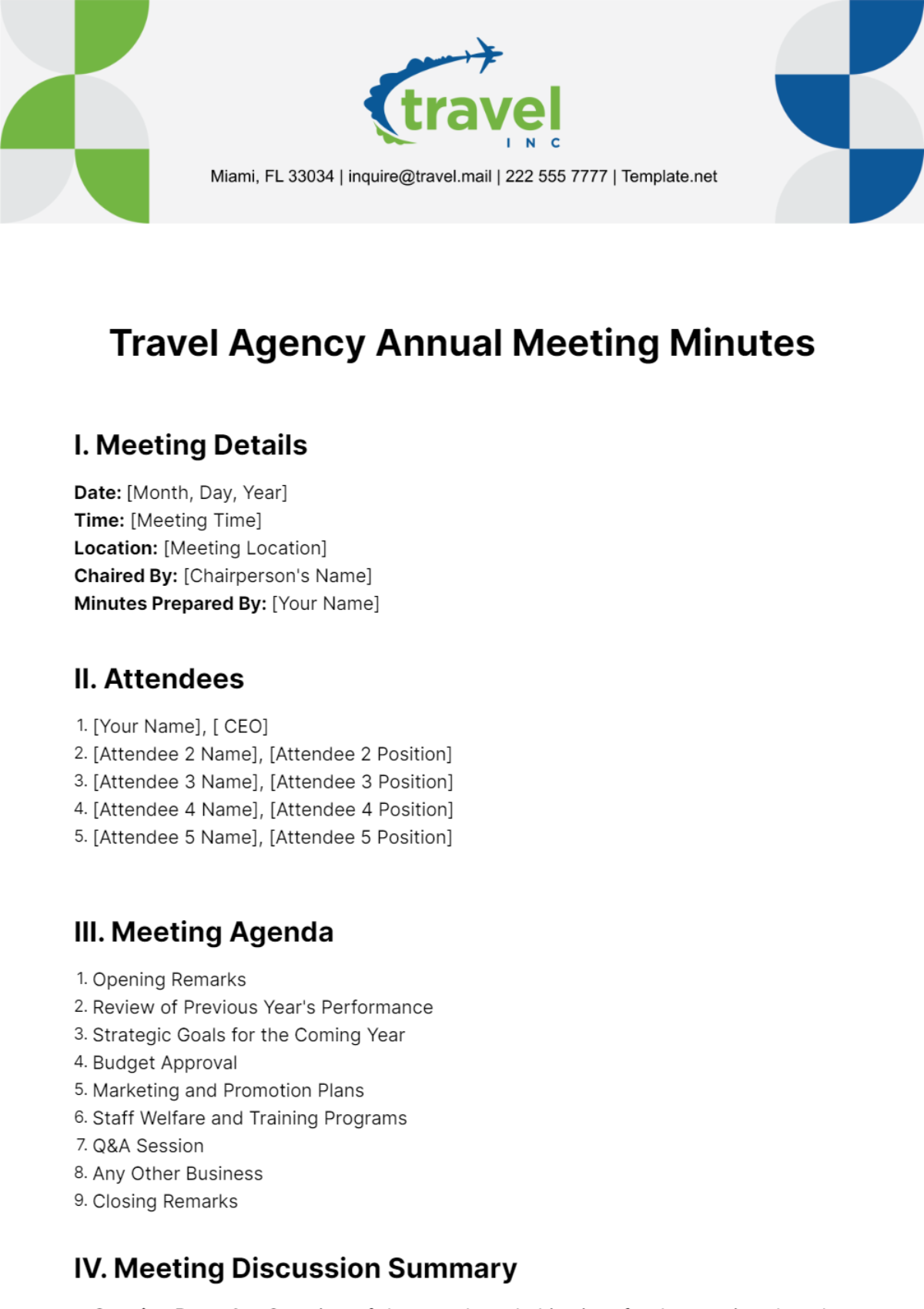 Travel Agency Annual Meeting Minutes Template