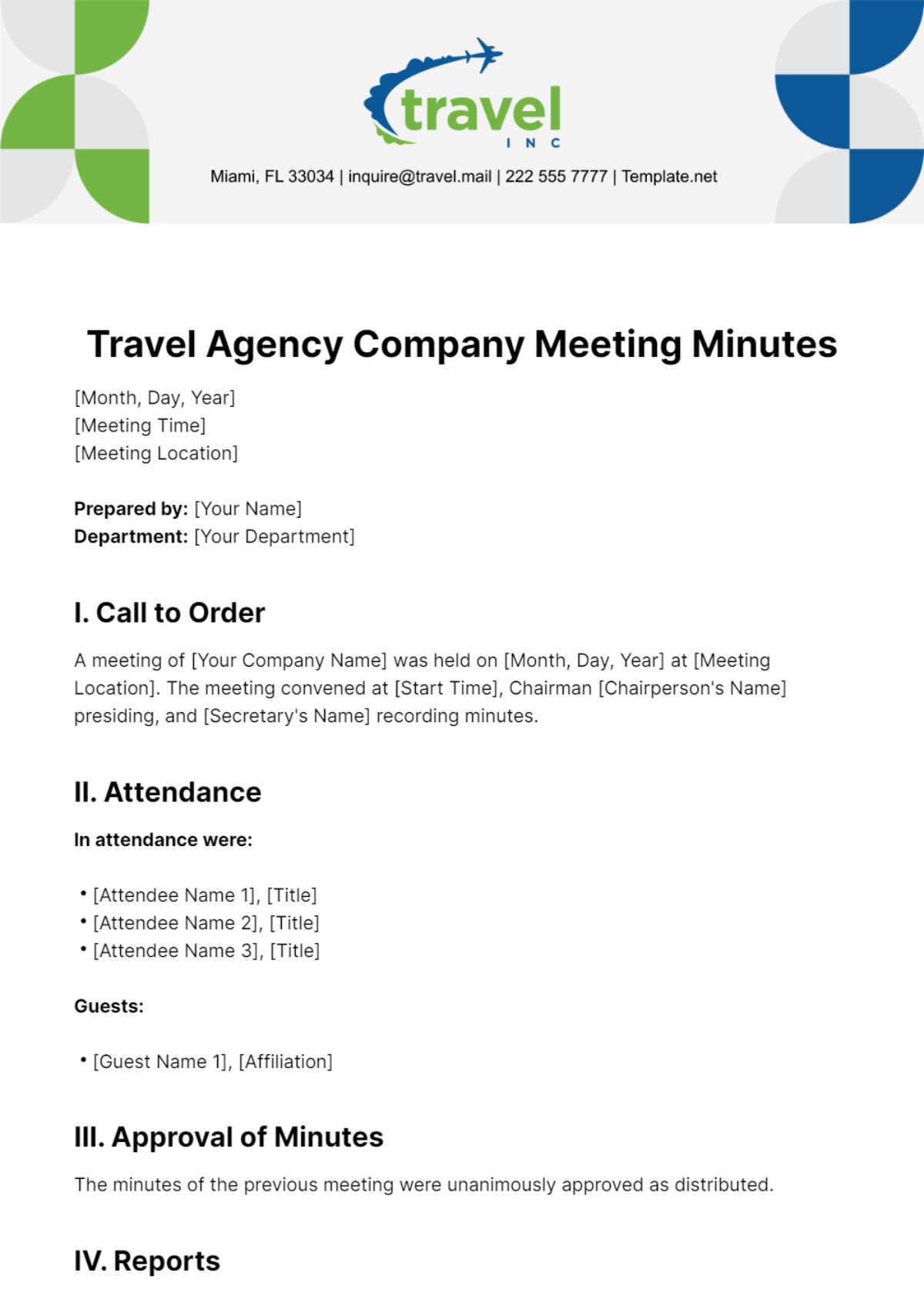 Travel Agency Company Meeting Minutes Template