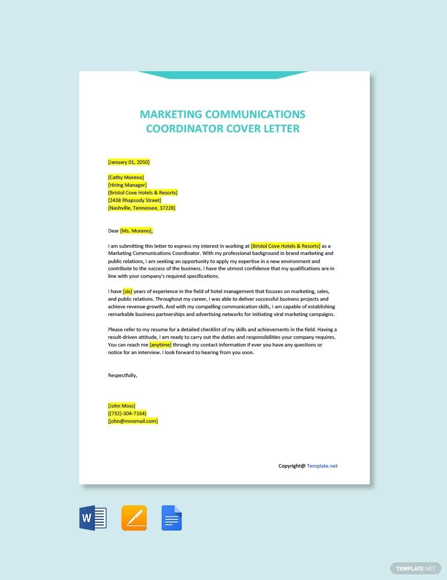 Free Marketing Communications Coordinator Cover Letter Template